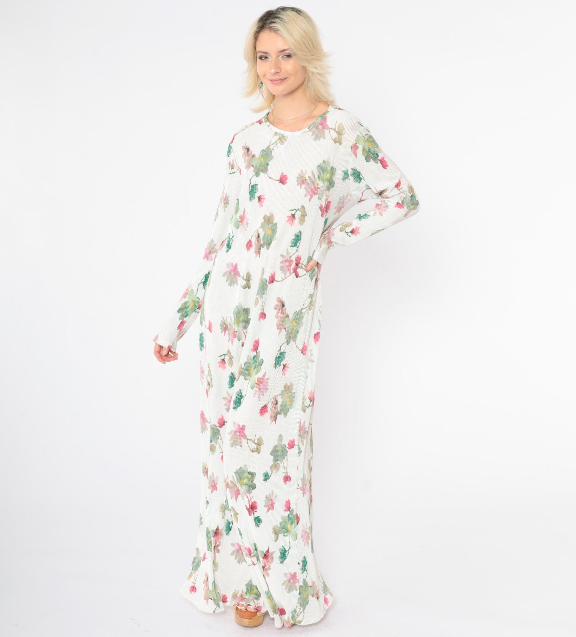 90s White Floral Maxi Dress High Elastic Waist Long Sleeve Ribbed Large L