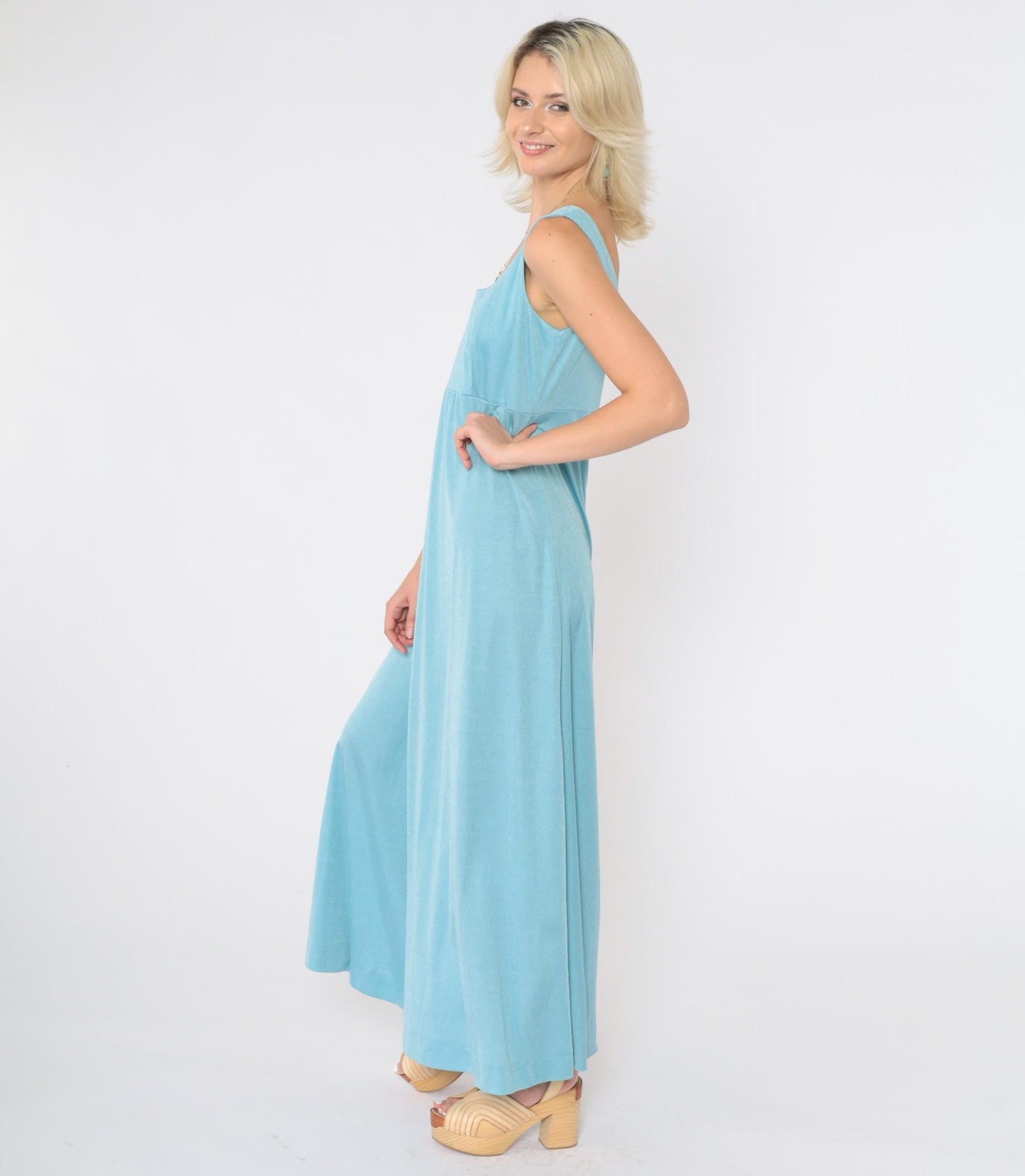 70s Blue Maxi Dress Empire Waist Scoop Neck Sleeveless Medium M