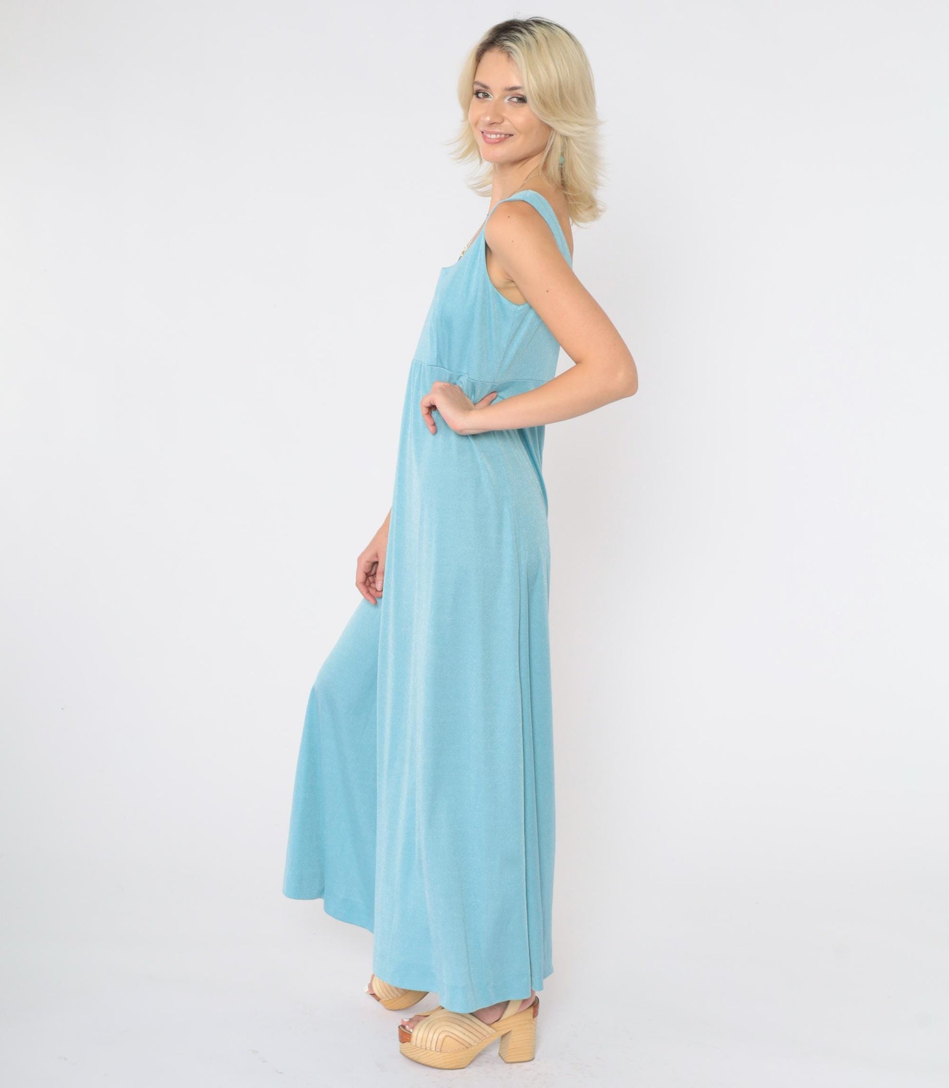 70s Blue Maxi Dress Empire Waist Scoop Neck Sleeveless Medium M