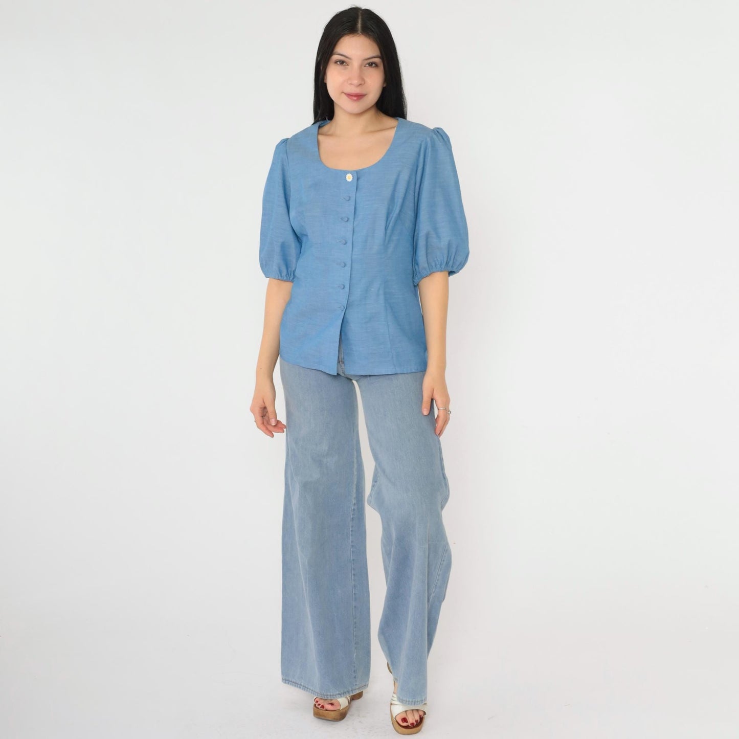 70s Alice of California Blue Puff Sleeve Button-Up Blouse Scoop Neck Small