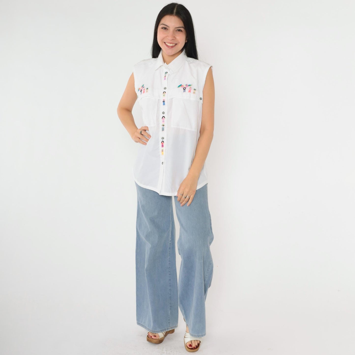 90s Embroidered White Tank Top Sleeveless Button Up Blouse Chest Pocket Medium