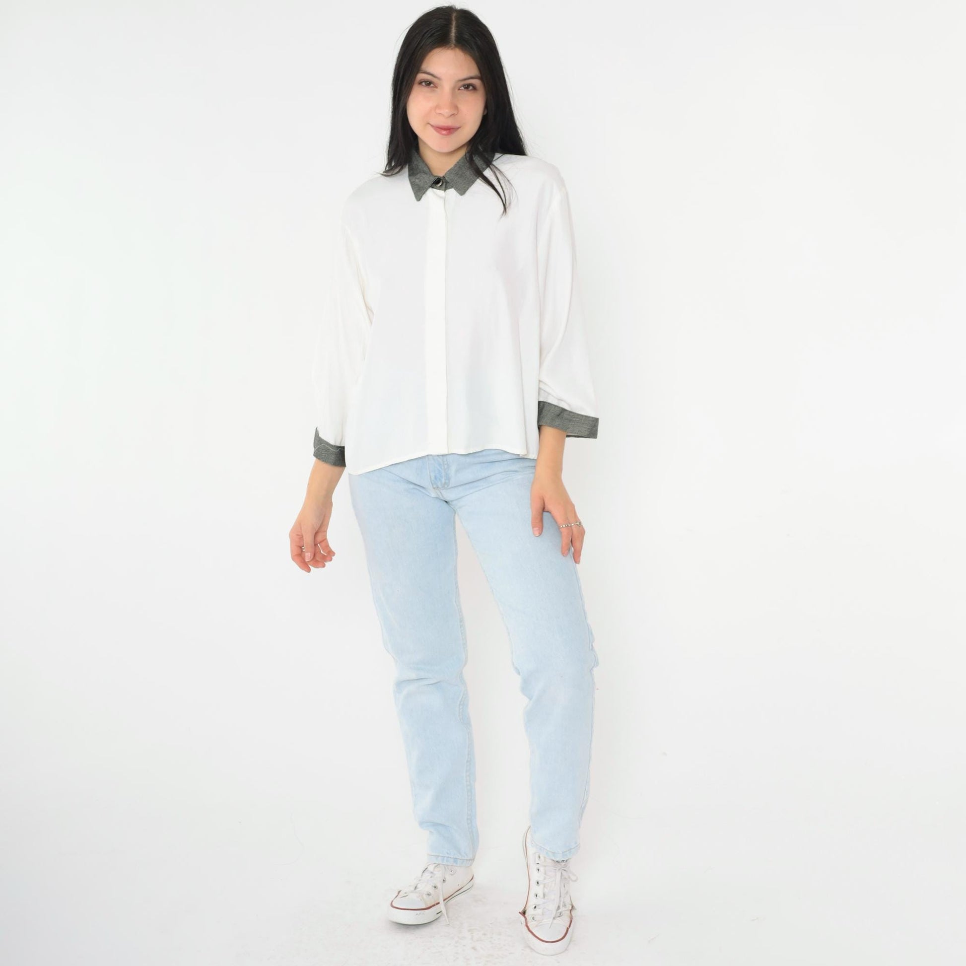 90s White Button-Up Blouse Black Check Collar Hidden Placket 3/4 Sleeve Large L