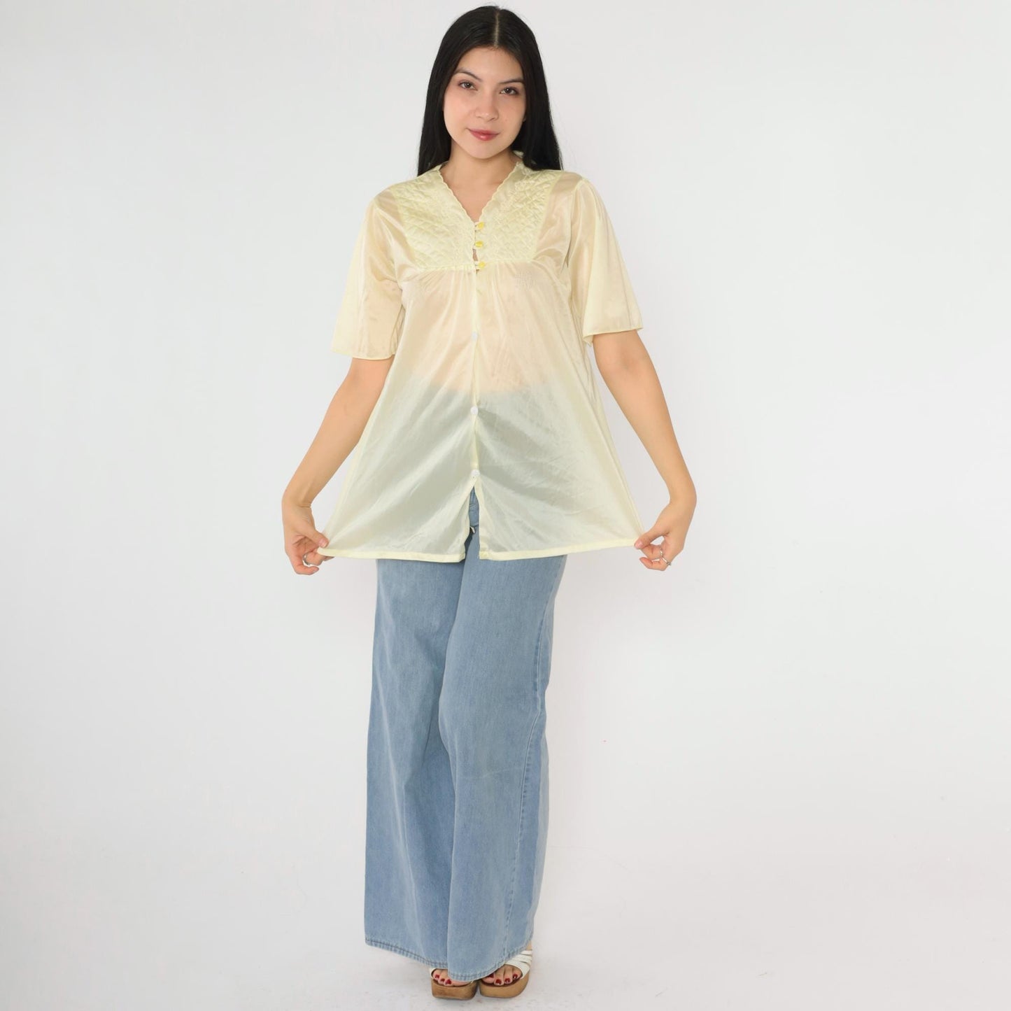 80s Yellow Sheer Nylon Pajama Top Floral Embroidered Quilted Yoke Button Up Small Medium