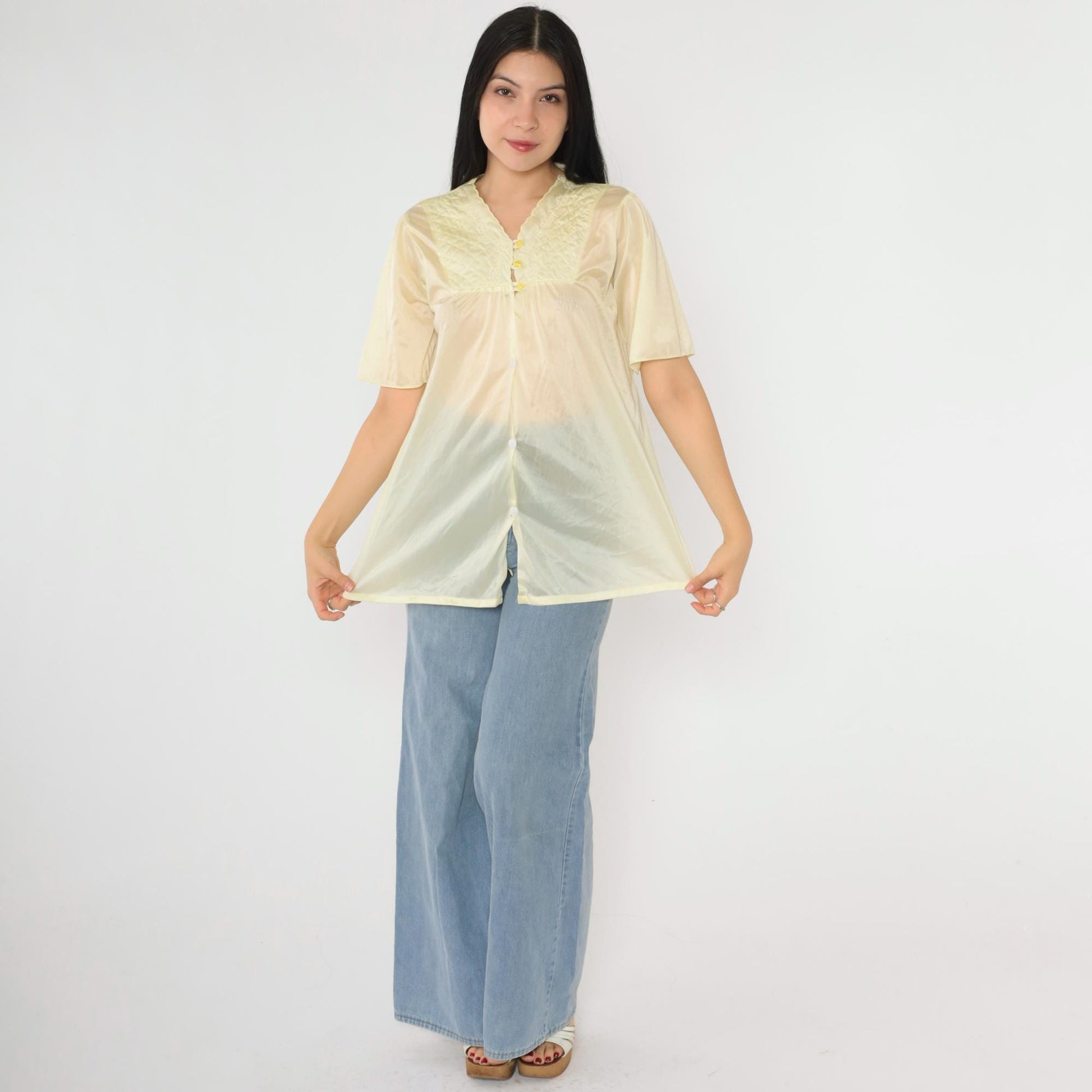 80s Yellow Sheer Nylon Pajama Top Floral Embroidered Quilted Yoke Button Up Small Medium
