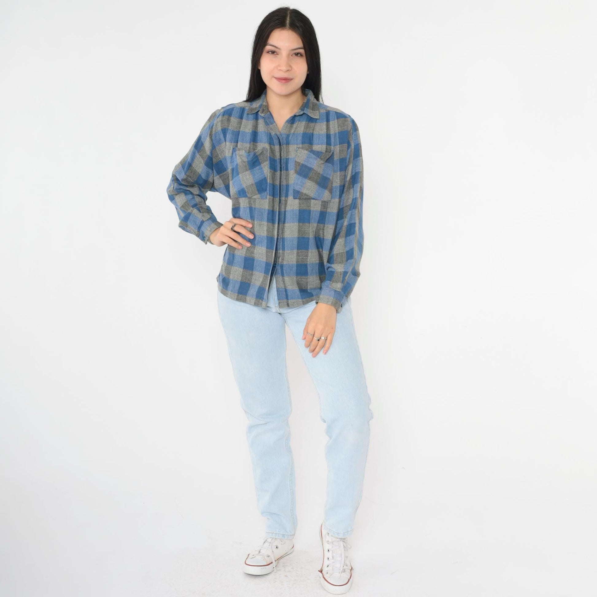 90s Buffalo Plaid Button-Up Shirt Blue Grey Checkered Cotton Small