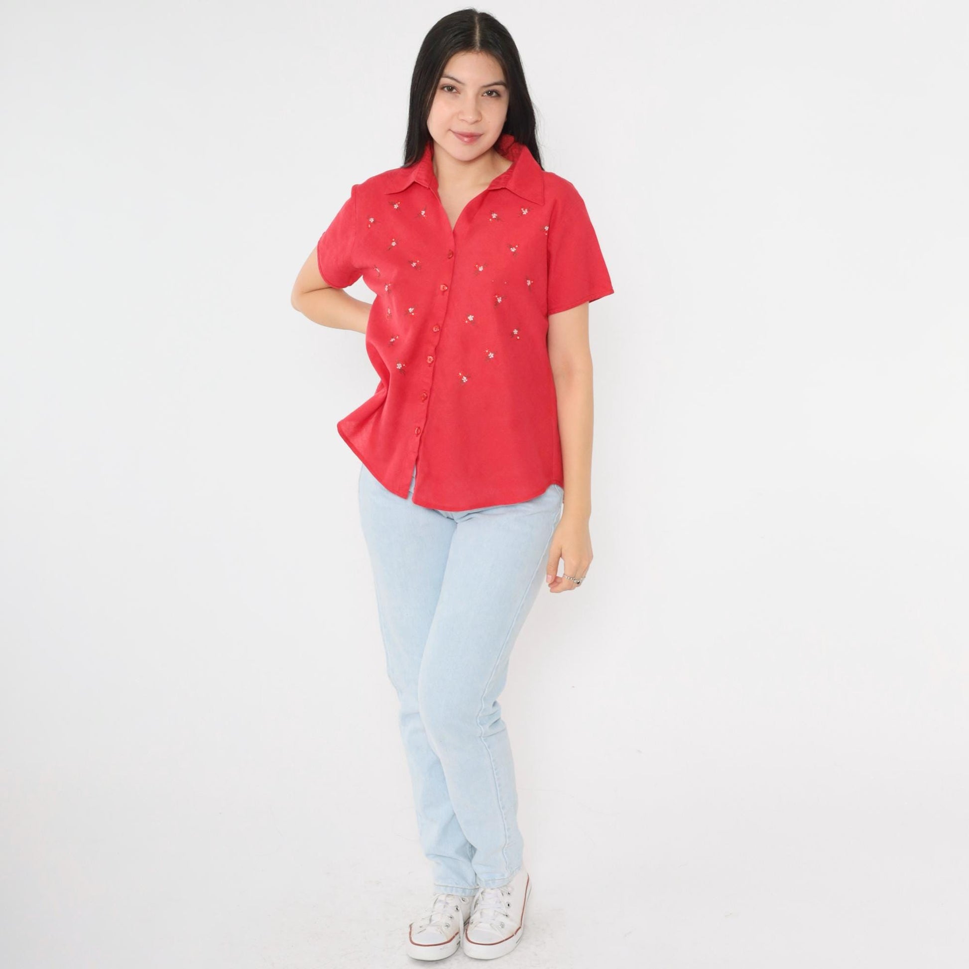 Banana Republic 90s Red Floral Embroidered Button-Up Blouse Short Sleeve Large L