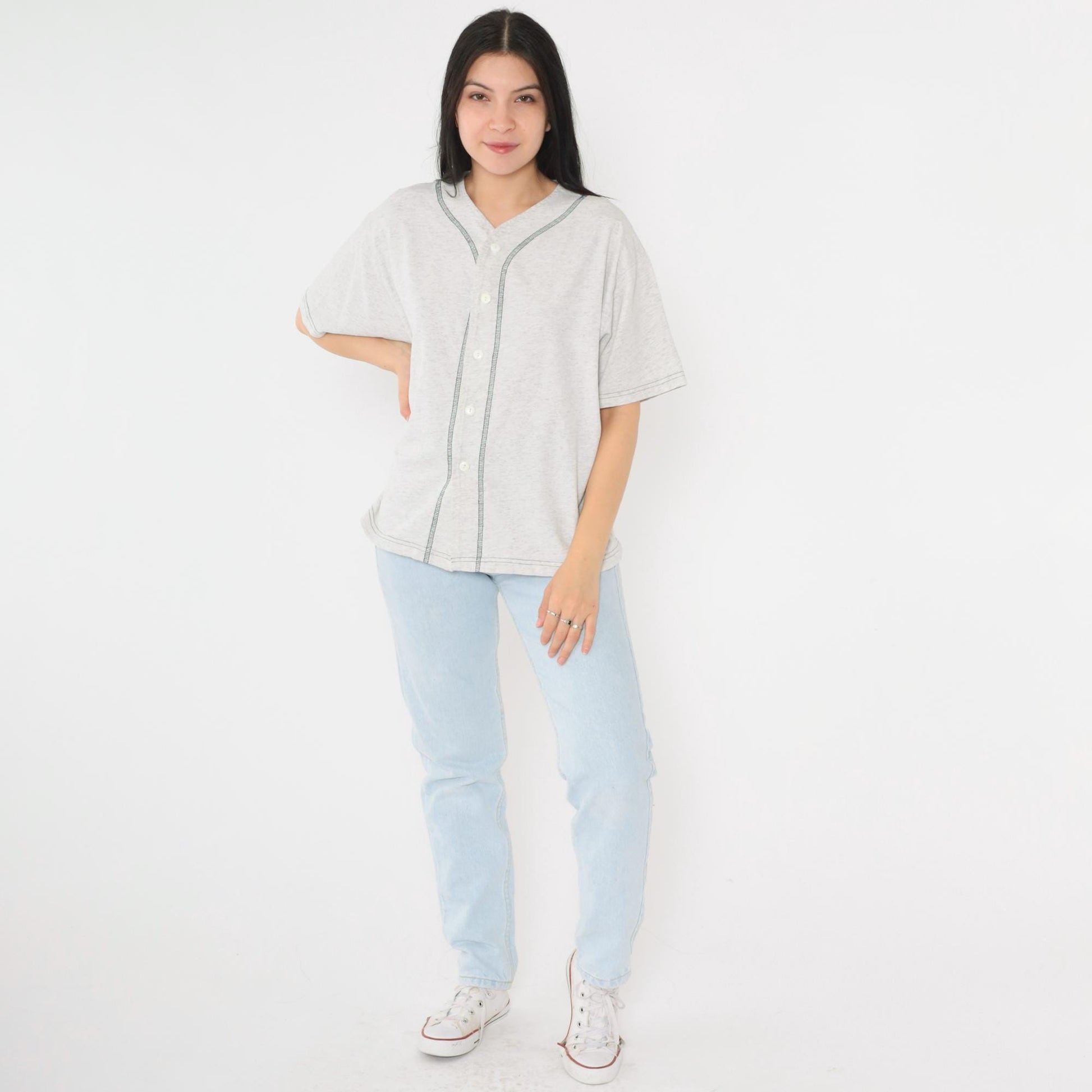 90s Lynne Designs Baseball Button-Up Shirt Grey Cotton Short Sleeve Medium