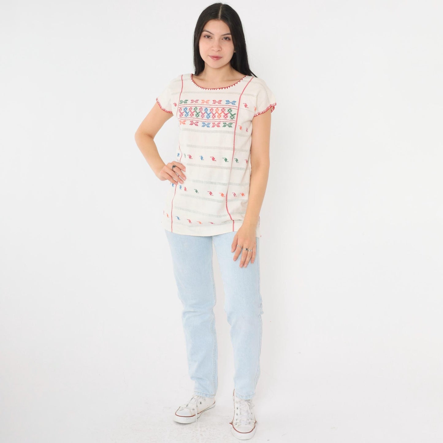 90s Mexican Embroidered Blouse Cream Geometric Cutwork Tunic Small