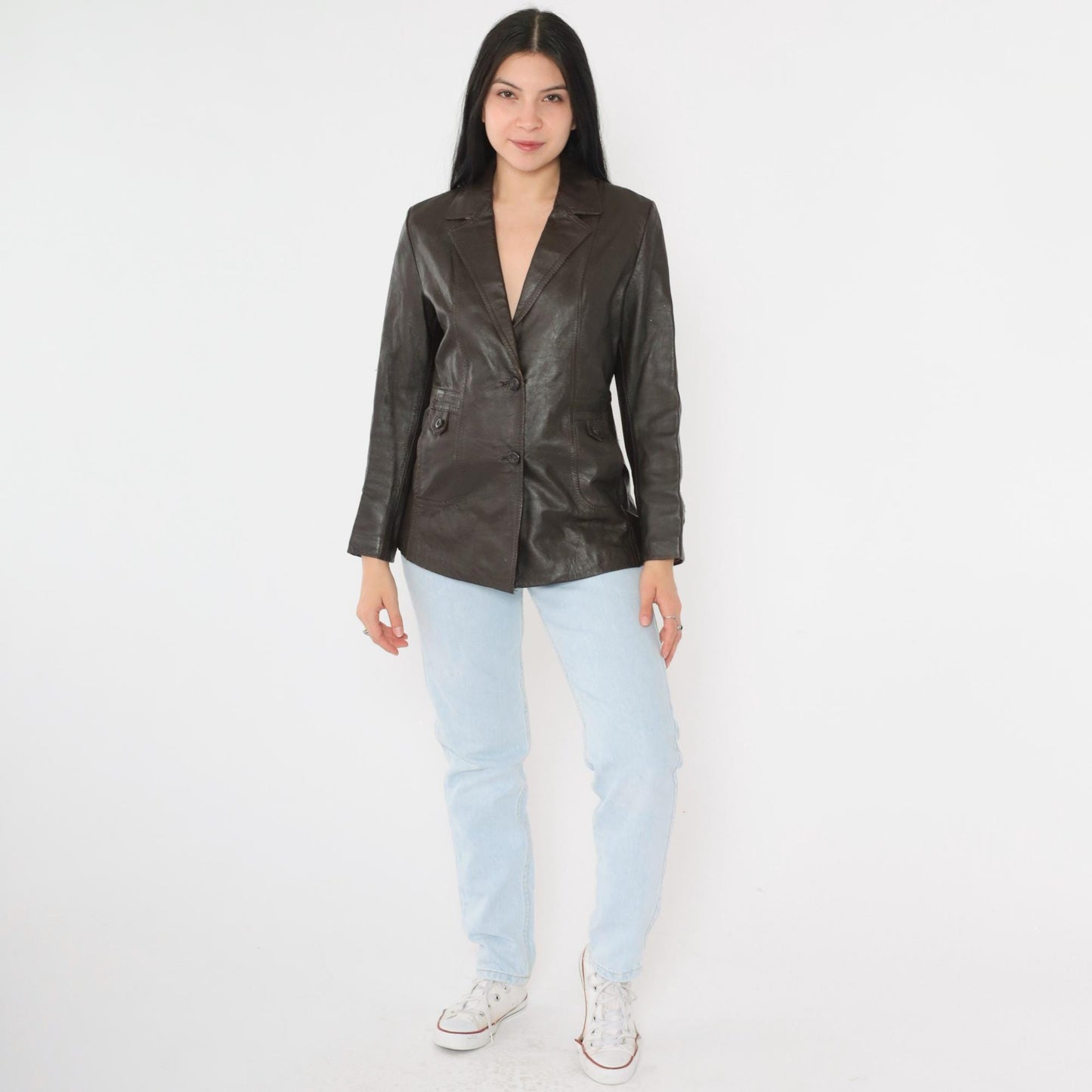 70s Golden Leaf Brown Leather Blazer V-Neck Tailored Jacket Small