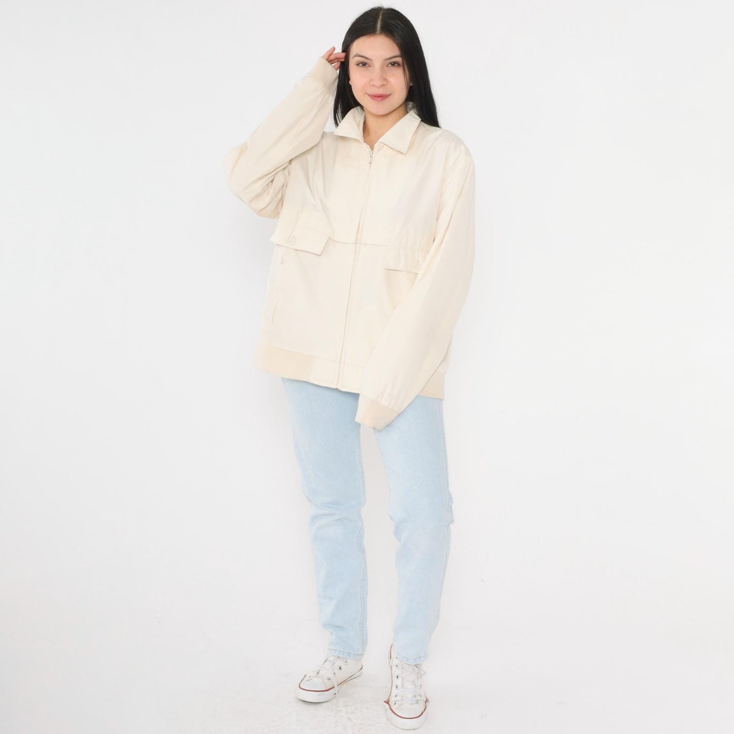 80s Christopher Rand Cream Windbreaker Jacket Plaid Lined Knit Cuff Medium