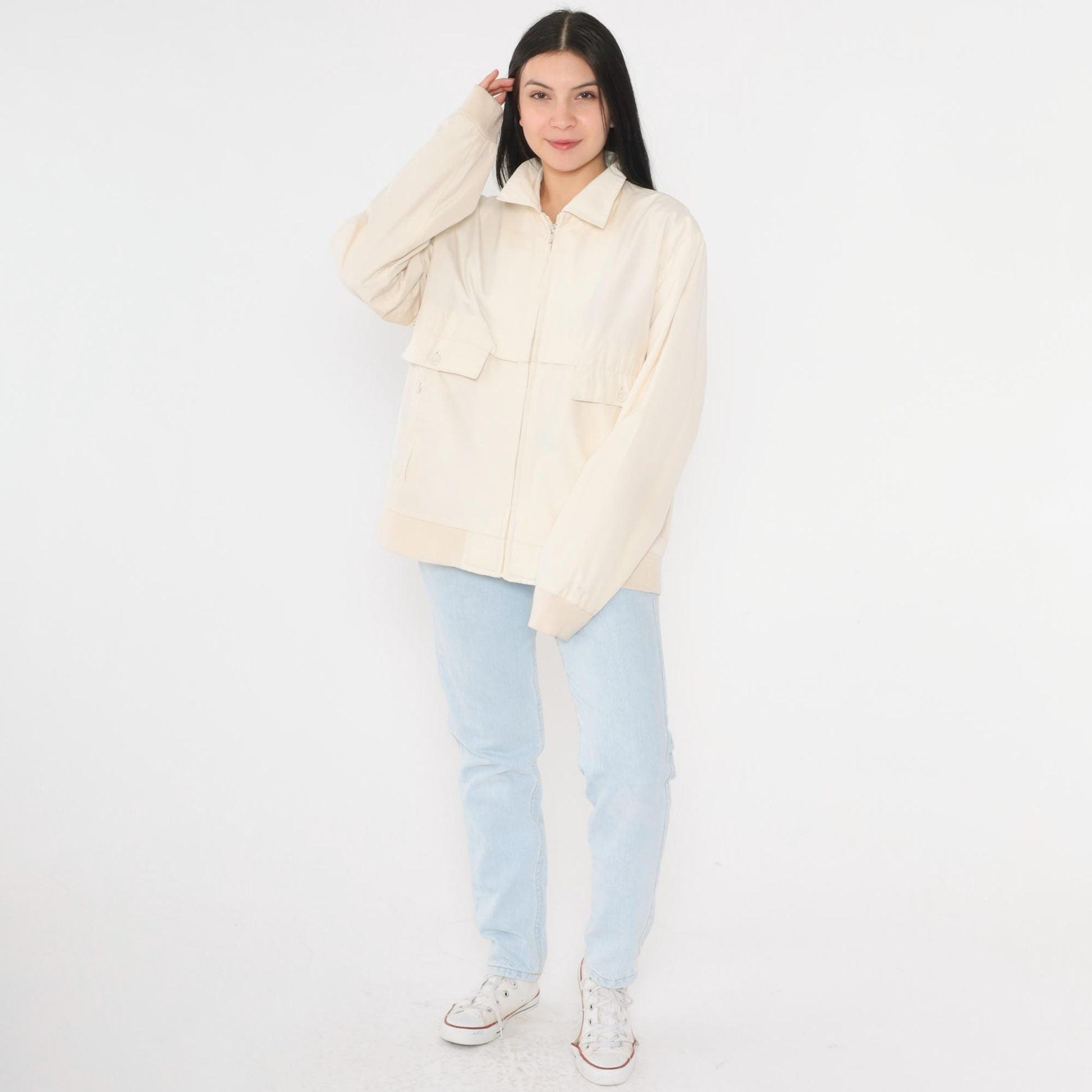 80s Christopher Rand Cream Windbreaker Jacket Plaid Lined Knit Cuff Medium