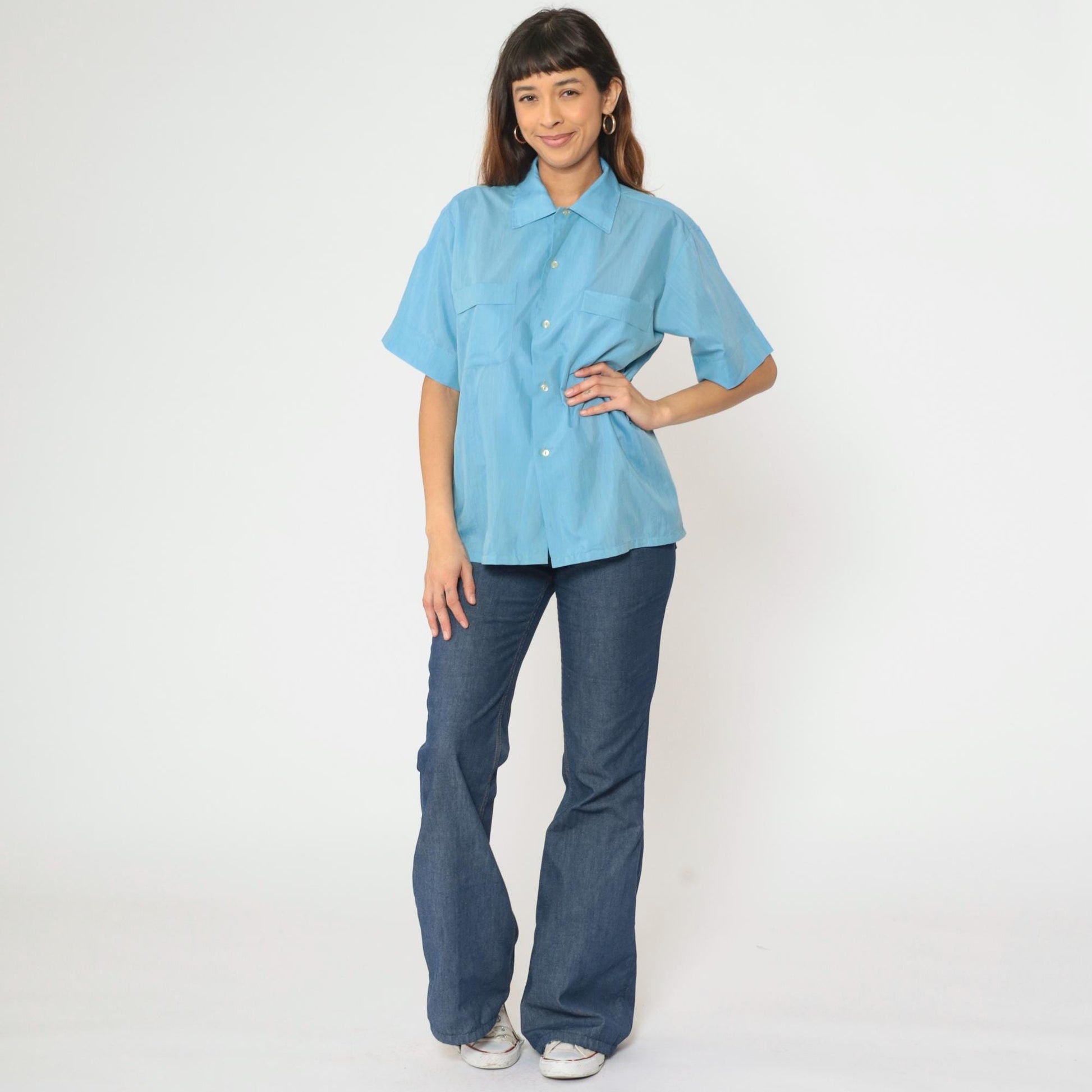 70s Crystalaire Blue Button-Up Shirt Short Sleeve Chest Pocket Men's Medium