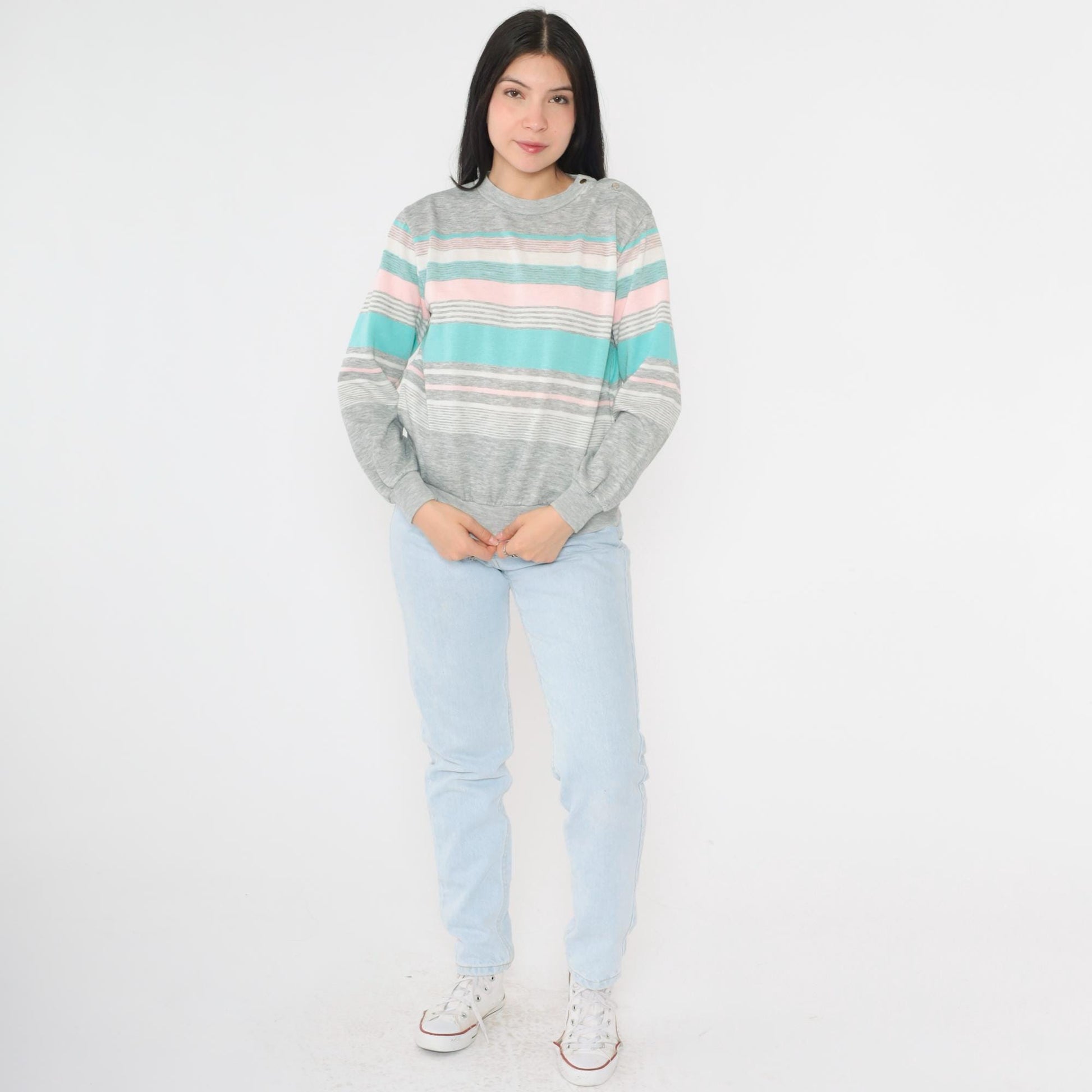 80s Striped Crewneck Sweatshirt Heather Grey Pink Turquoise Snap Shoulder Small