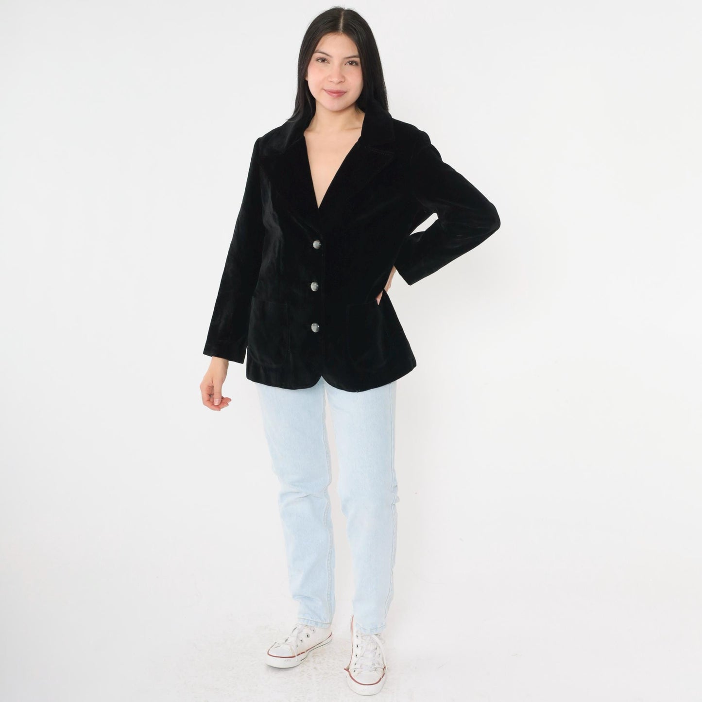 80s Black Velvet Blazer Tailored Button-Up Jacket Medium