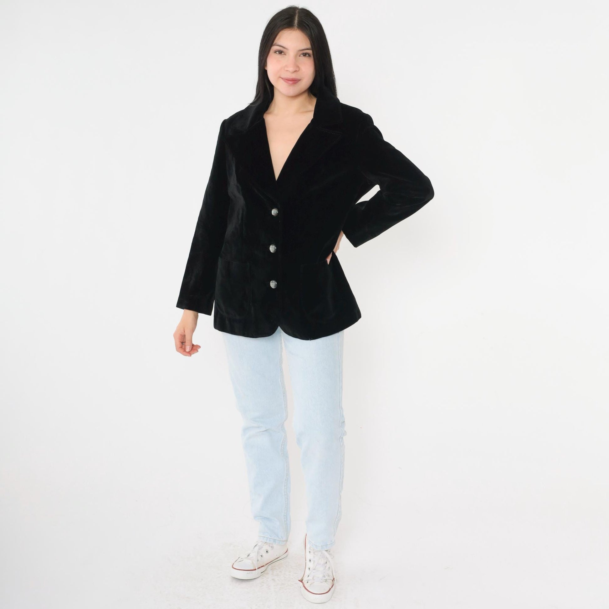 80s Black Velvet Blazer Tailored Button-Up Jacket Medium