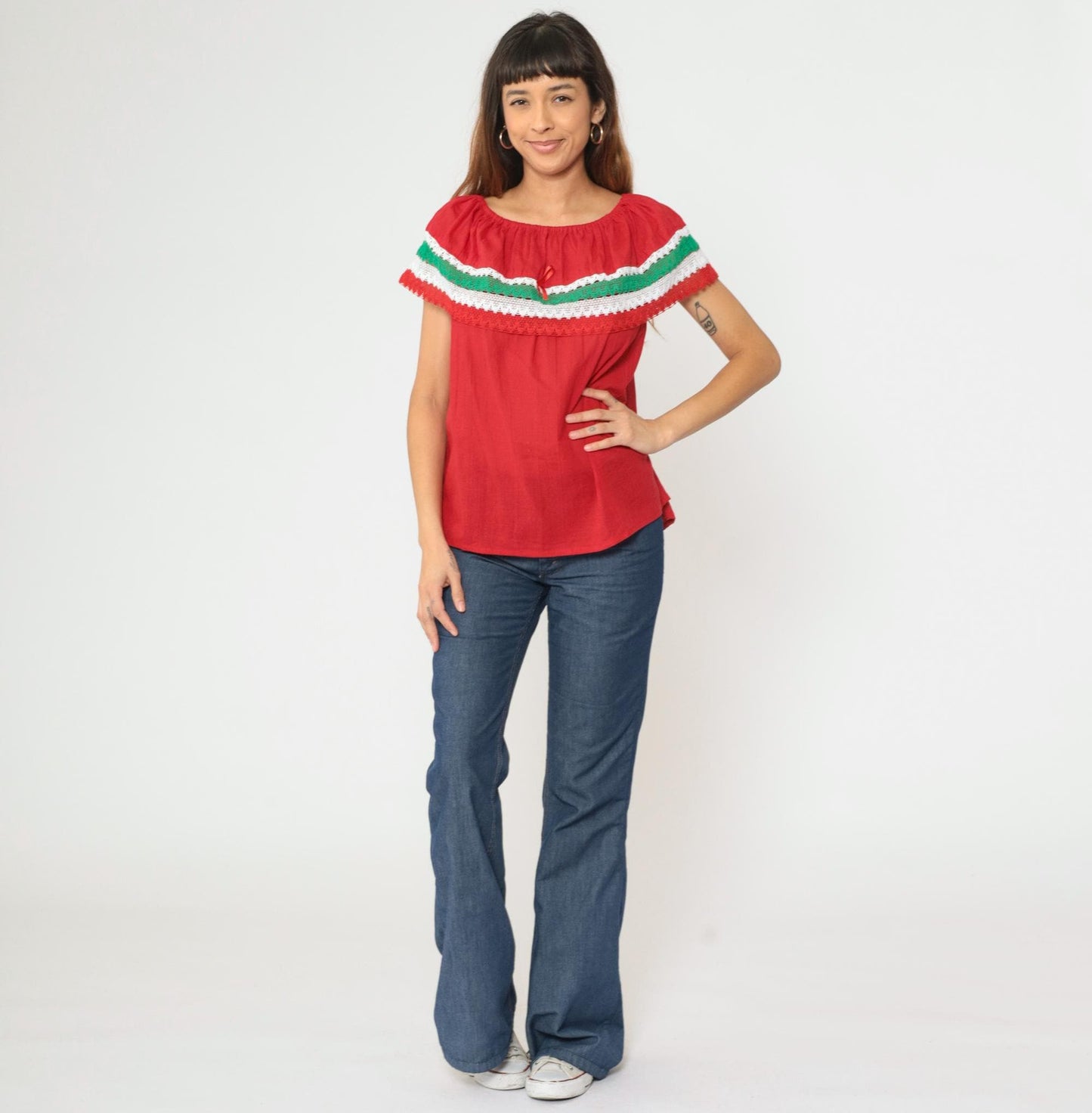 90s Red Mexican Peasant Blouse Crochet Lace Off-Shoulder Small Medium