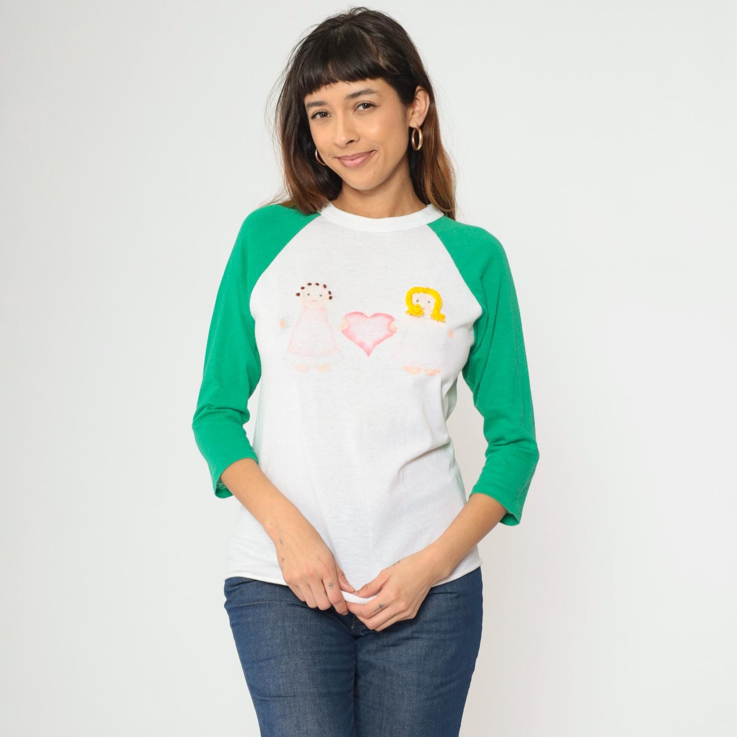 80s Raglan Baseball Tee White Green Doll Heart Graphic Small