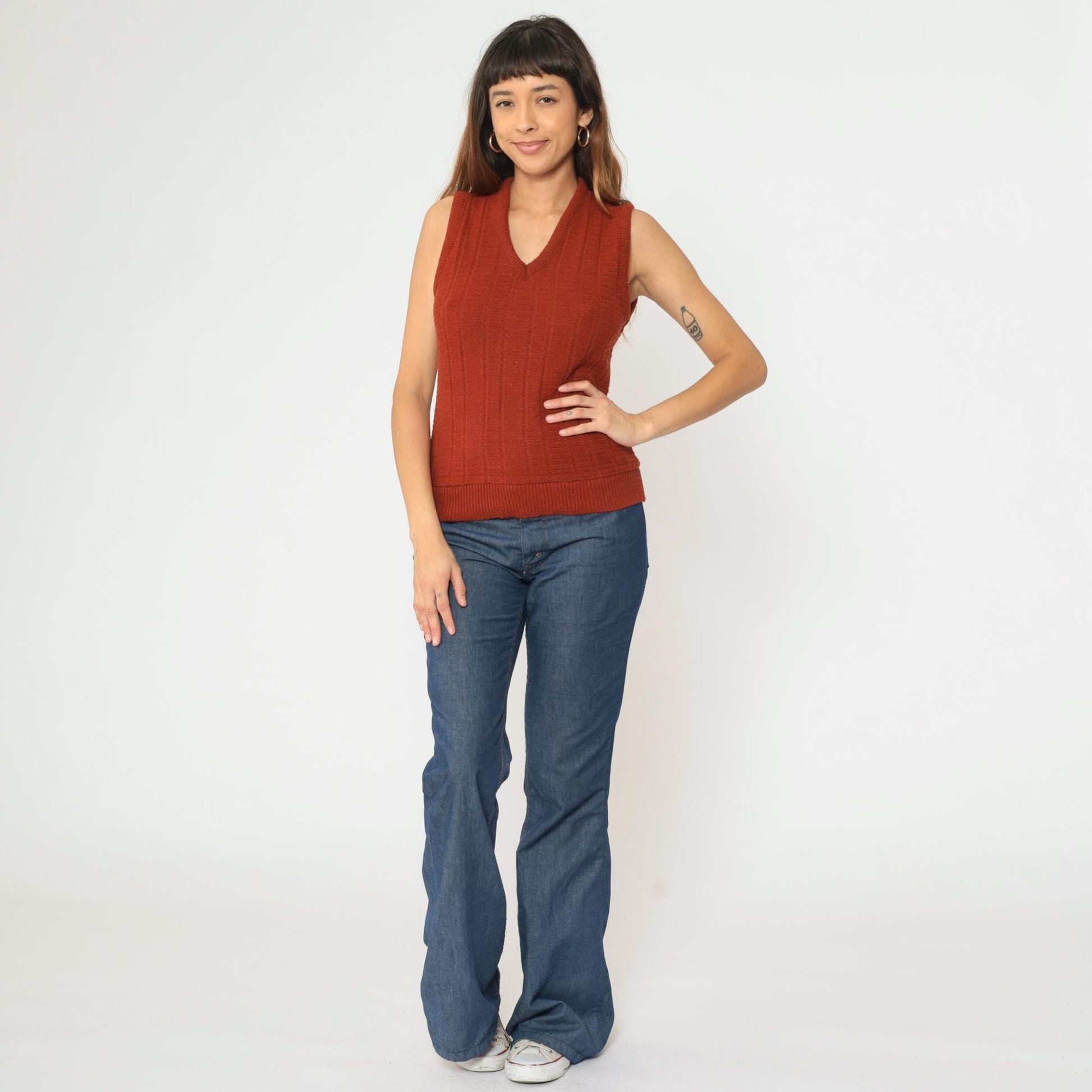 80s Montgomery Ward Rust Acrylic Knit Vest V-Neck Sleeveless Pullover Small