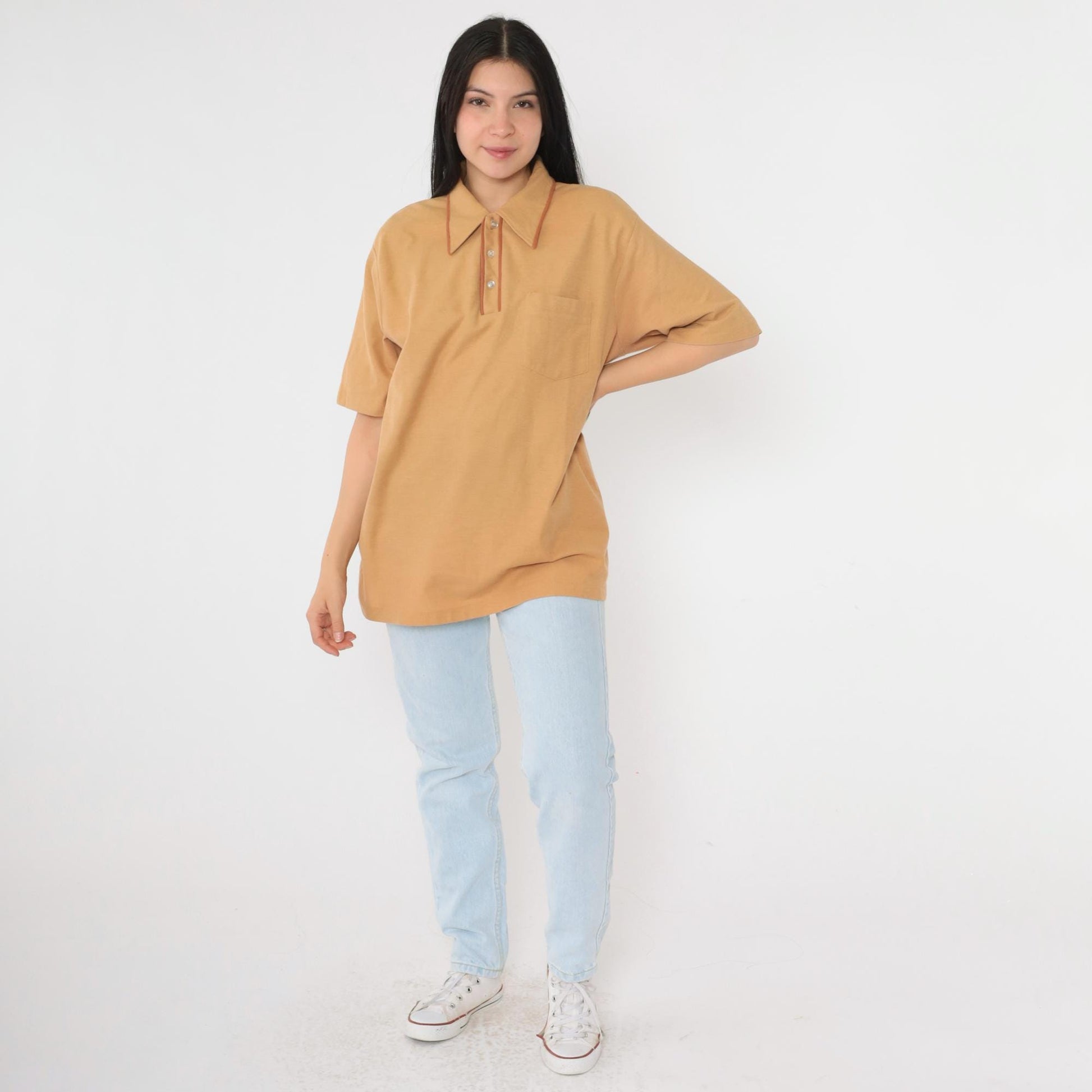 70s Tan Polo Shirt Brown Trim Collared Short Sleeve Men's Large