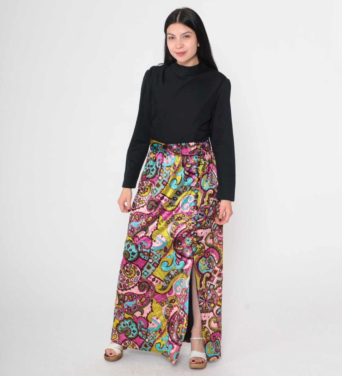 70s Psychedelic Velvet Paisley Maxi Dress Black High Waist Long Sleeve Front Slit Small