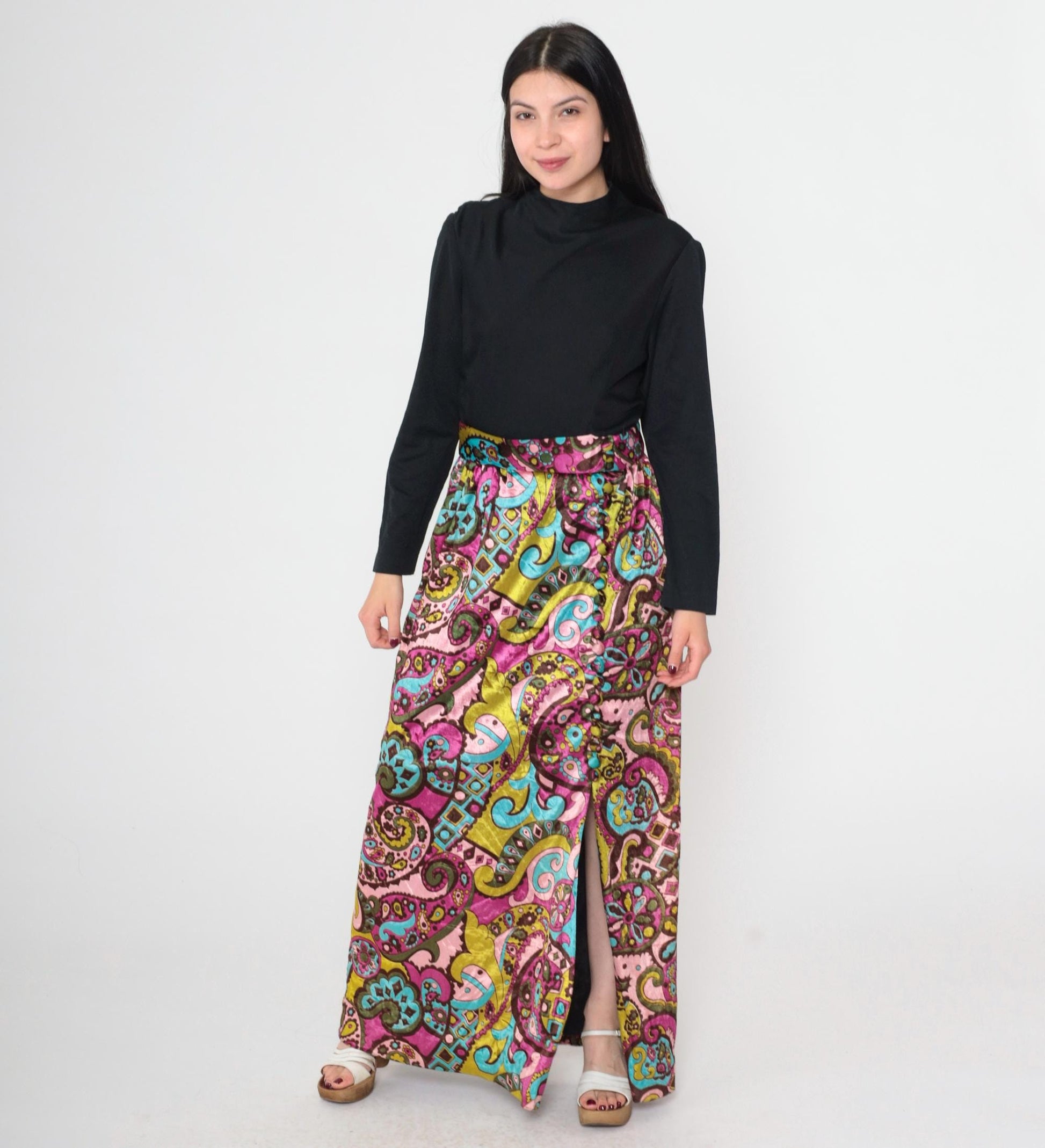 70s Psychedelic Velvet Paisley Maxi Dress Black High Waist Long Sleeve Front Slit Small