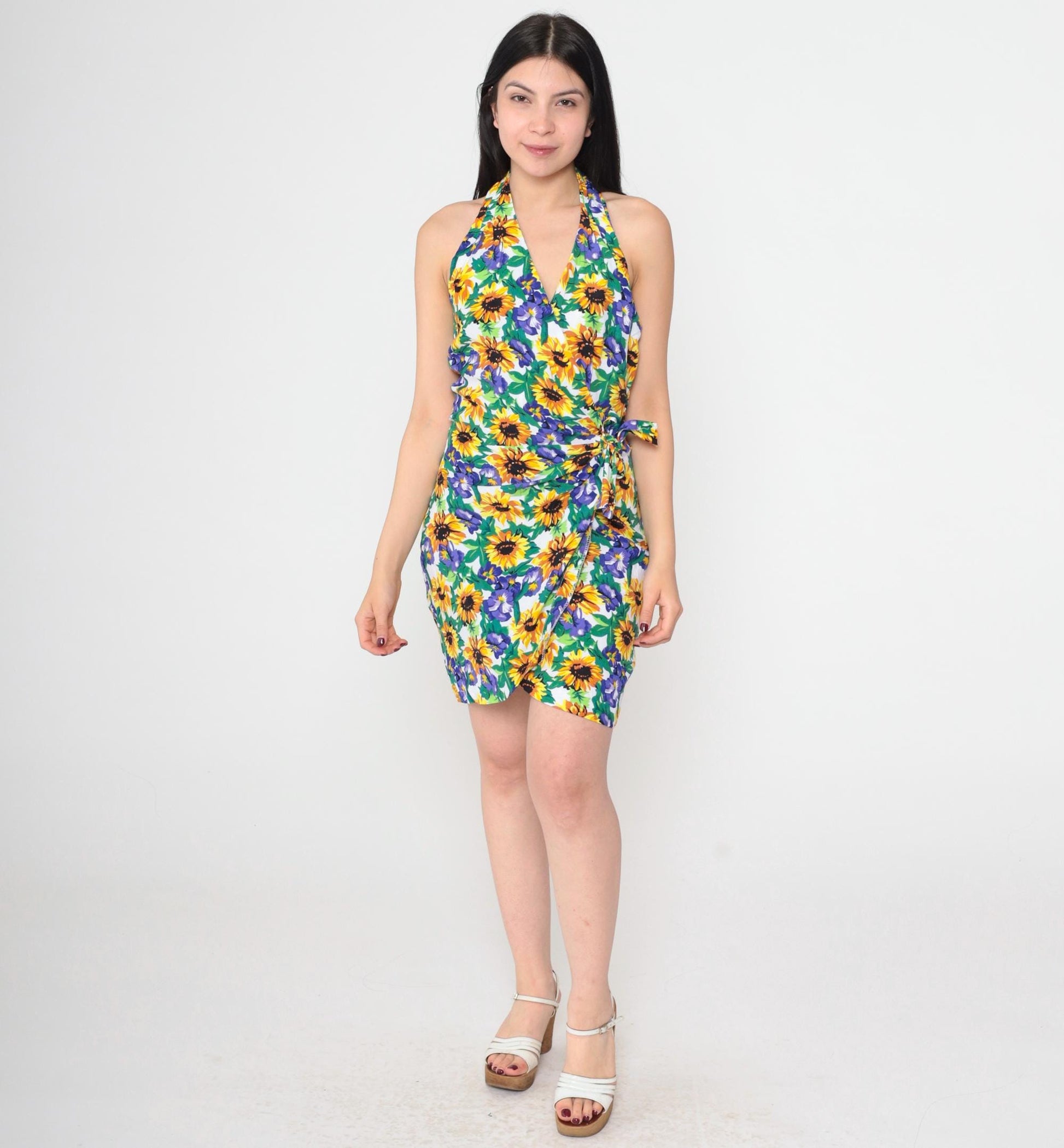 90s Fredericks of Hollywood Floral Halter Mini Dress Sunflower Wrap Medium