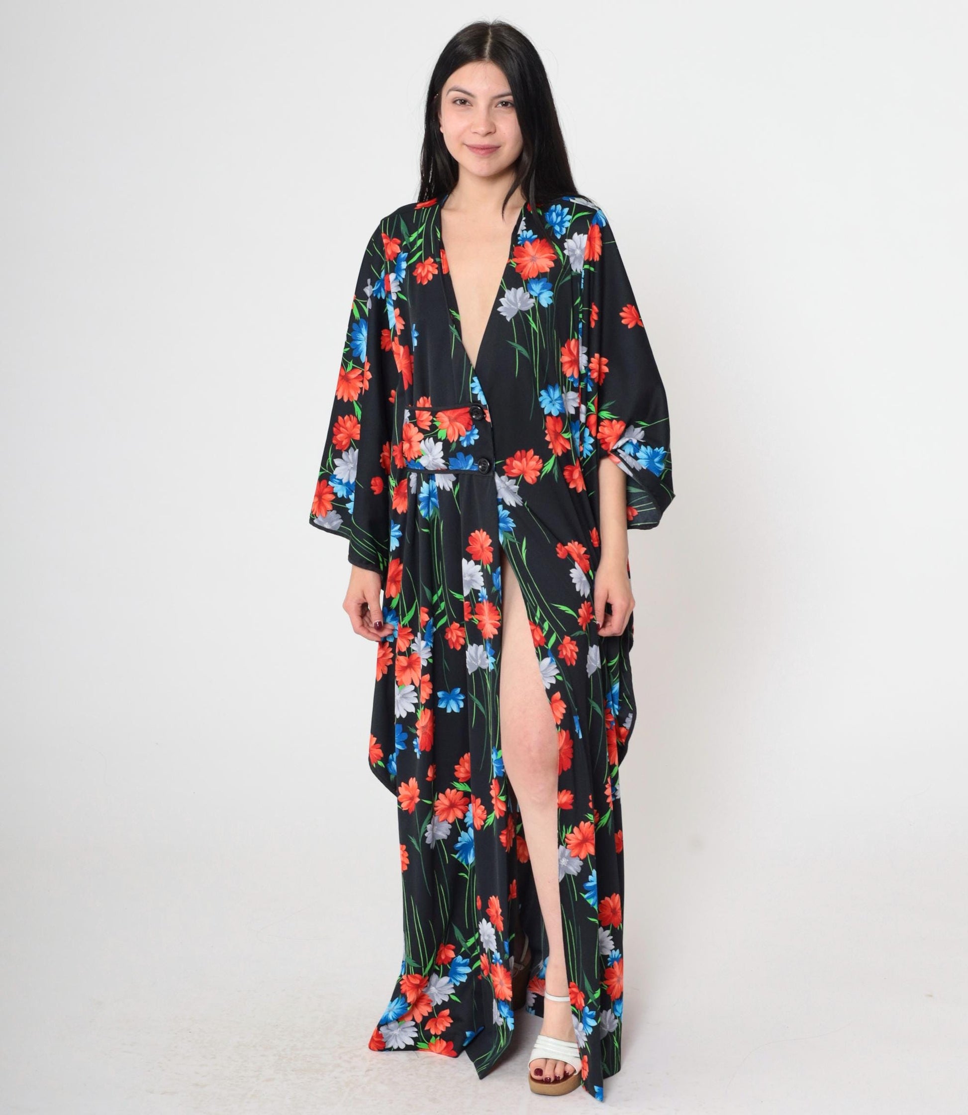 70s Black Floral Maxi Dress Kimono Sleeve Button Front Slit One Size