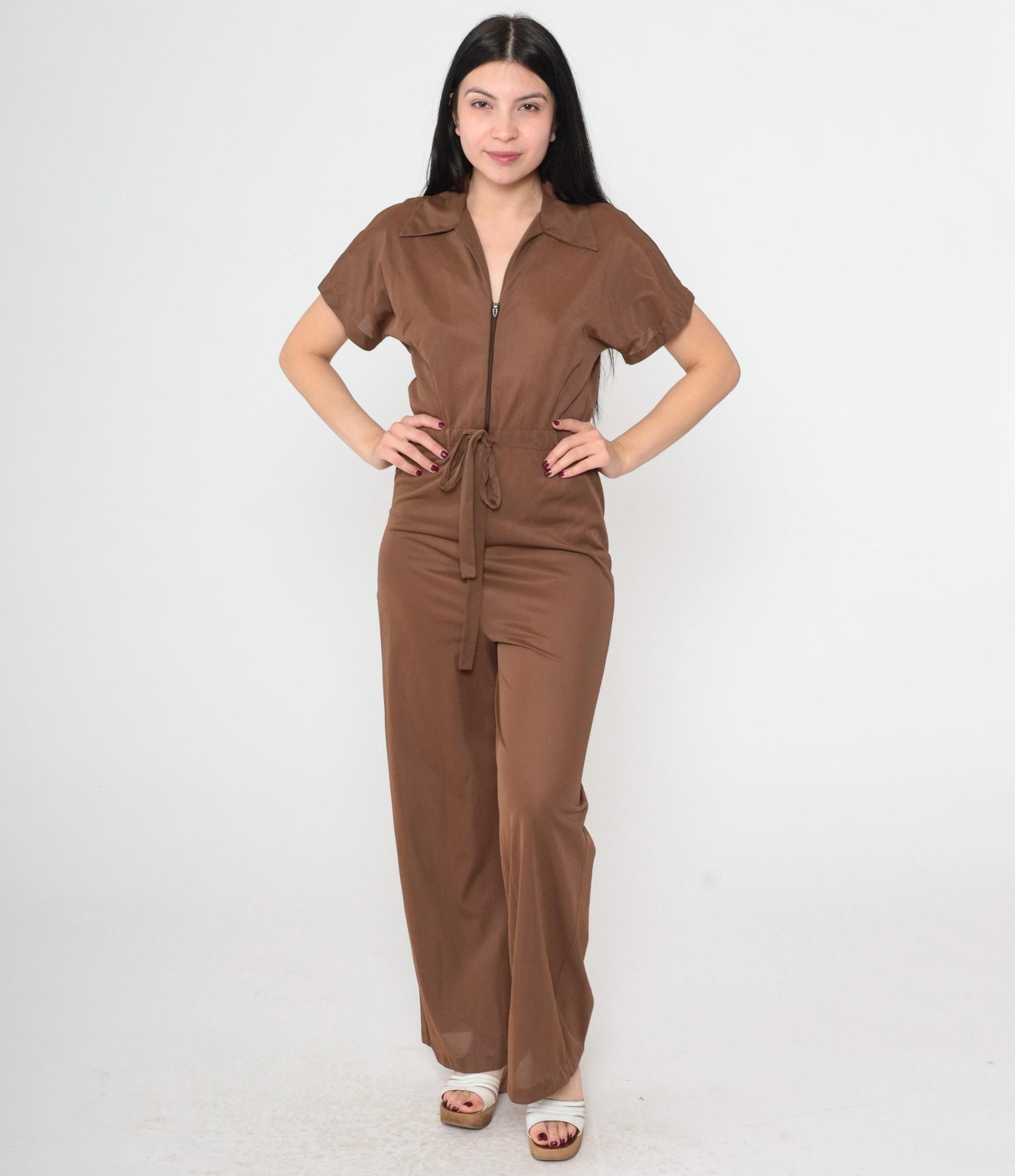 70s Brown Nylon Jumpsuit Wide Leg High Waist Zip Front Short Sleeve Extra Small