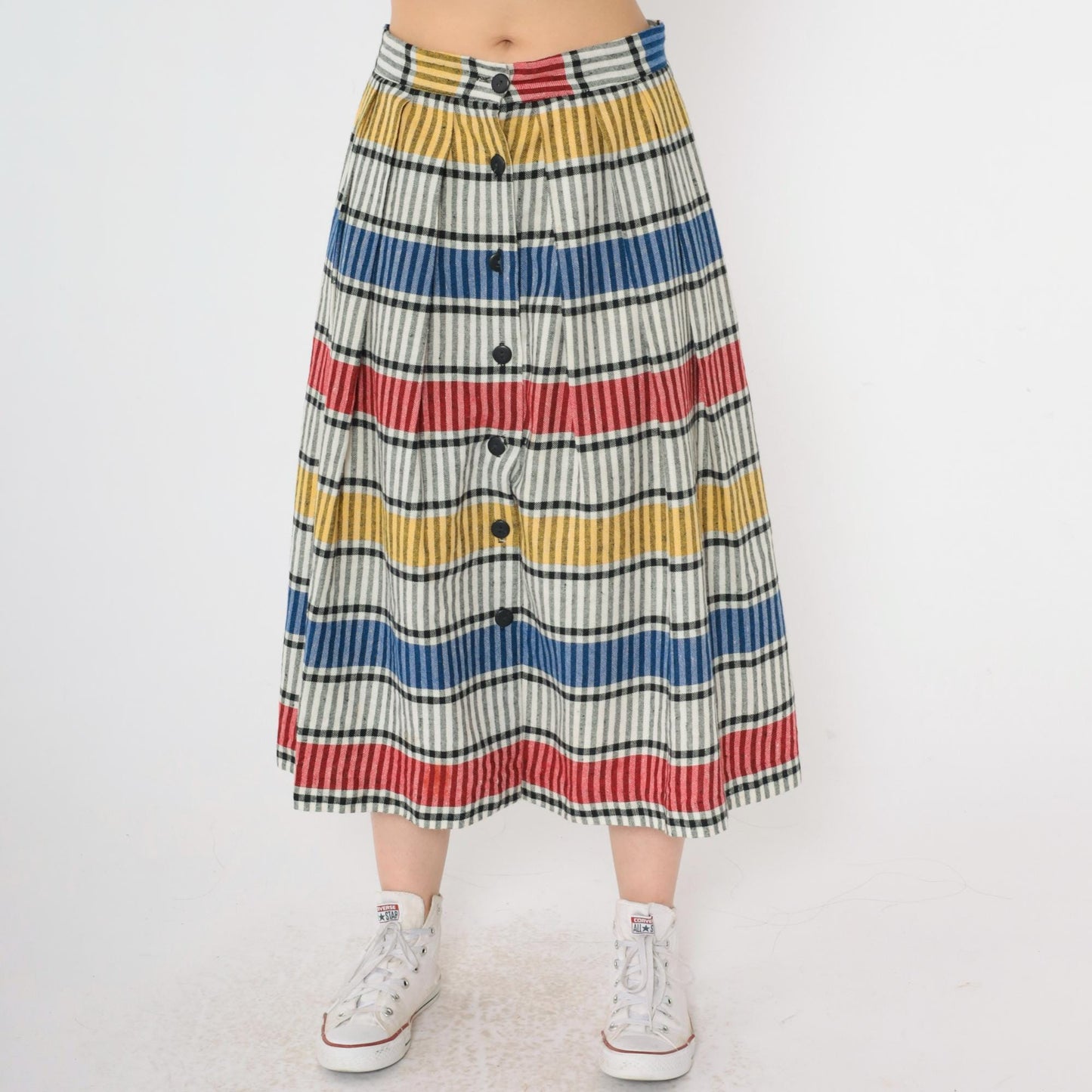 80s Striped Button-Up Midi Skirt High Waist Red Yellow Blue Small