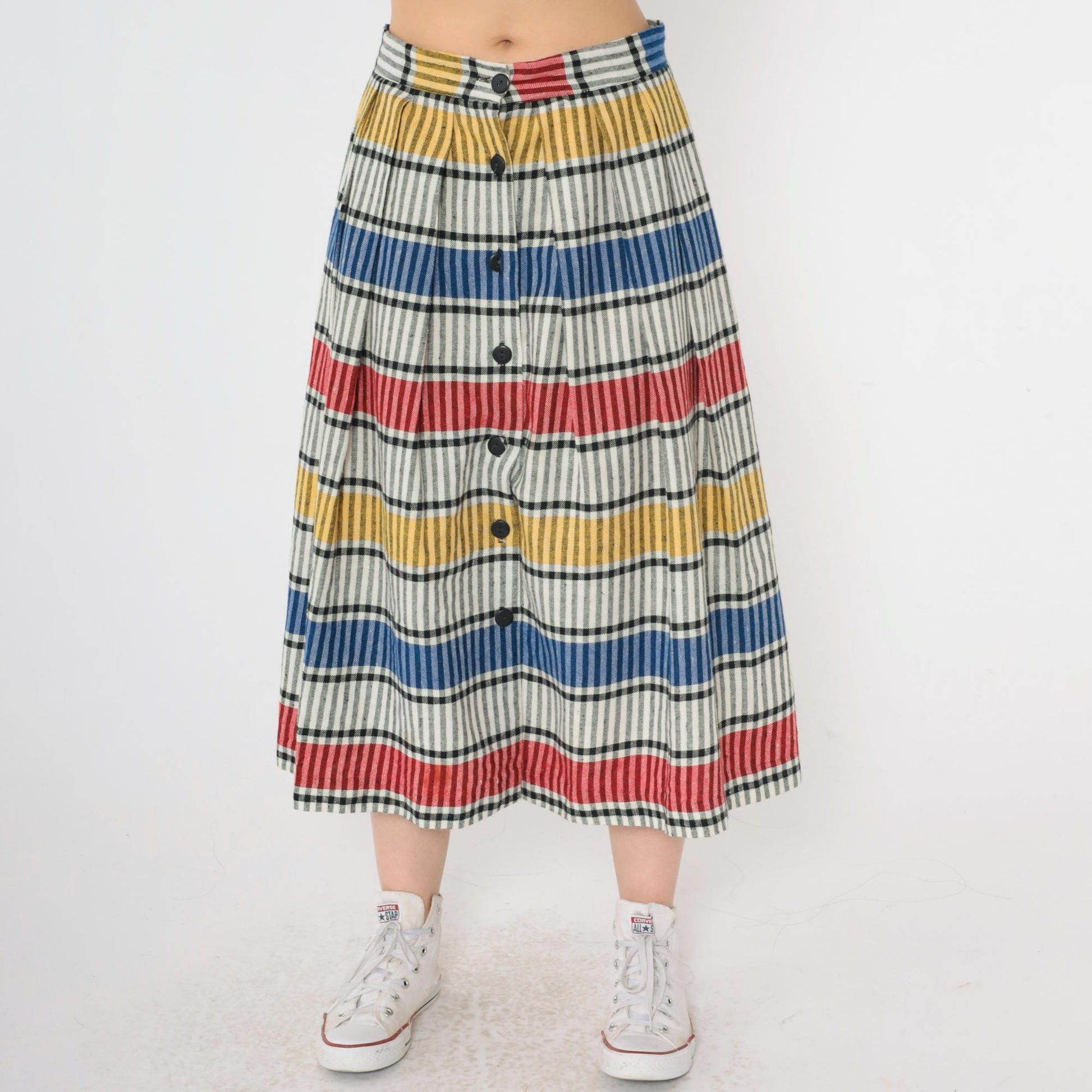80s Striped Button-Up Midi Skirt High Waist Red Yellow Blue Small