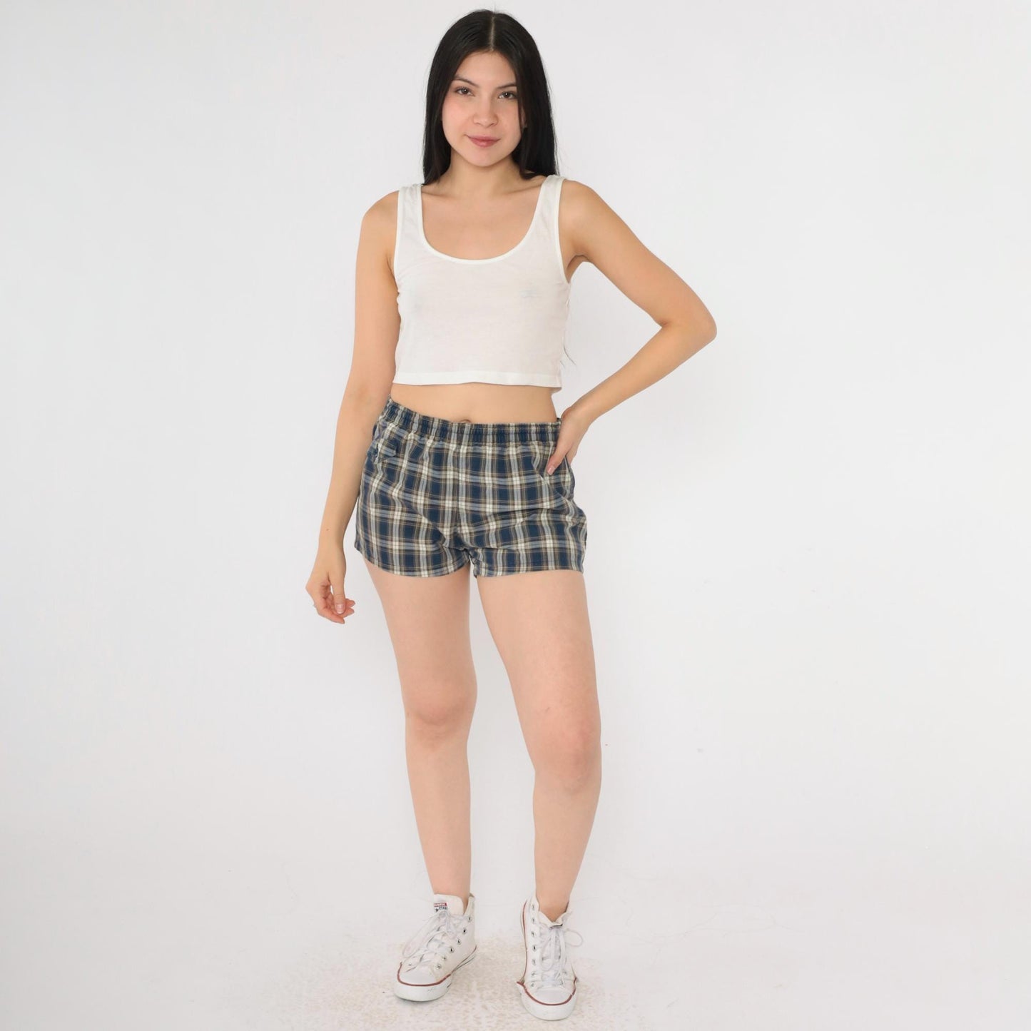 1950s Fraternity Prep Plaid Swim Shorts Blue Tan Cream Small S