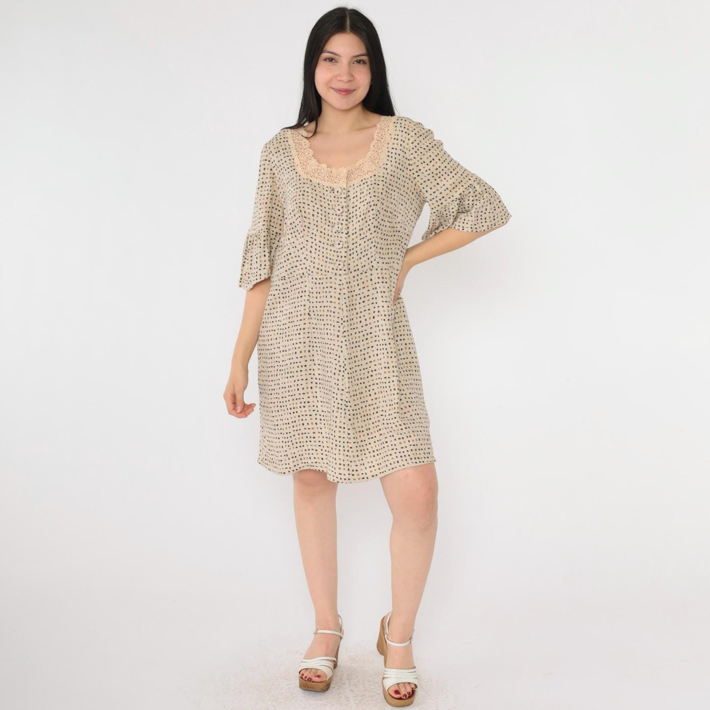 Y2K Beige Mini Dress Square Neckline Crochet Lace Bell Sleeve Button Up Medium M