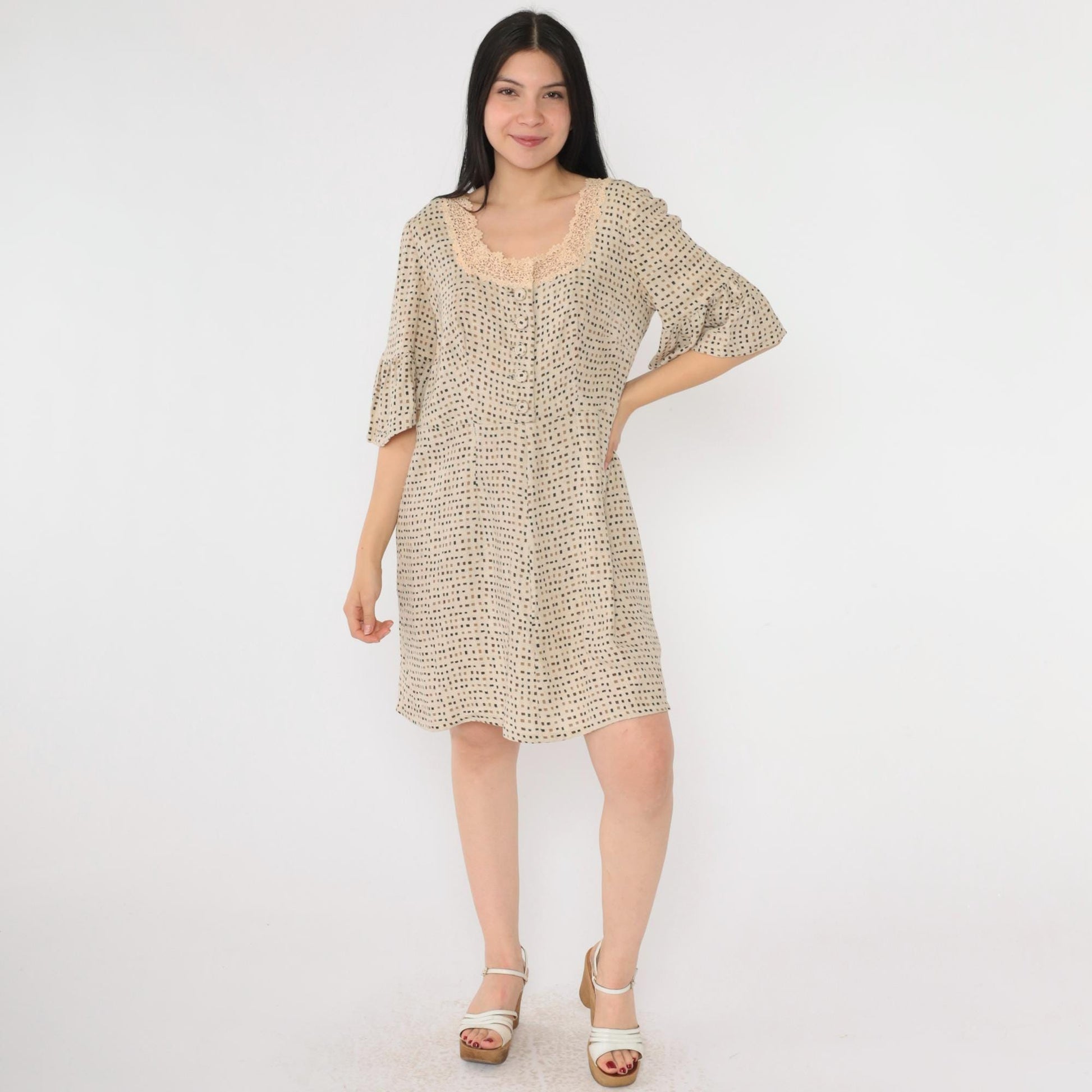 Y2K Beige Mini Dress Square Neckline Crochet Lace Bell Sleeve Button Up Medium M