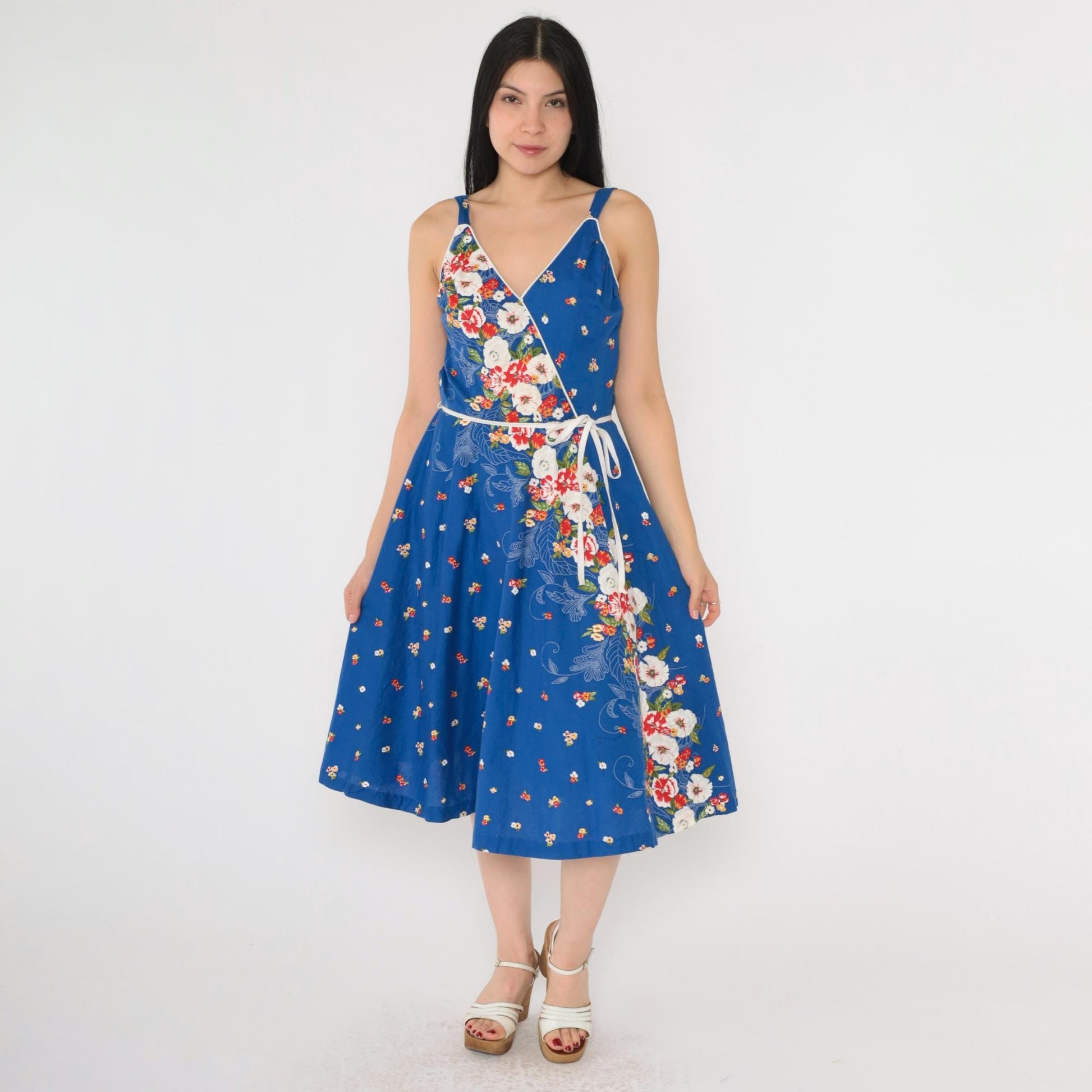80s Royal Blue Floral Midi Dress Smocked High Waist V Neck Sleeveless Small