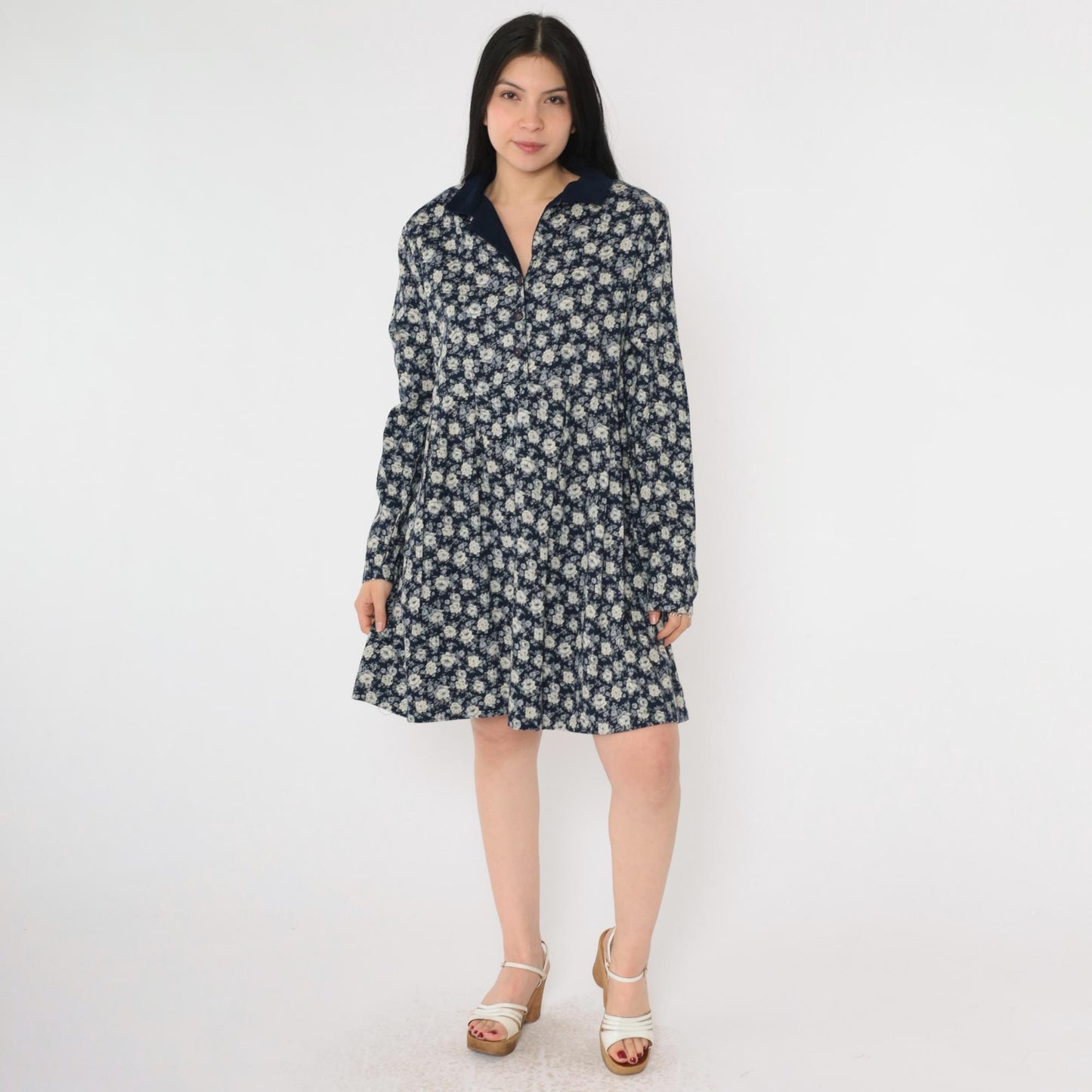 90s Navy Floral Button-Up Dress Corduroy Collar Long Sleeve Mini Extra Large