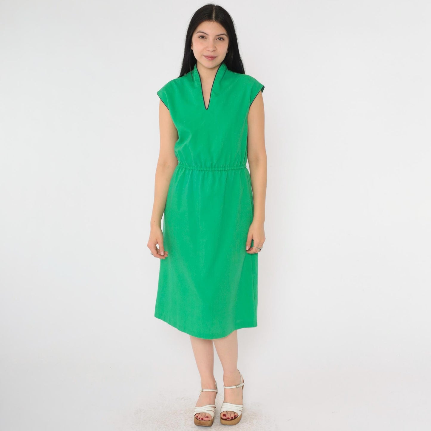 70s Green V-Neck Midi Dress Navy Trim Cap Sleeves A-Line Small