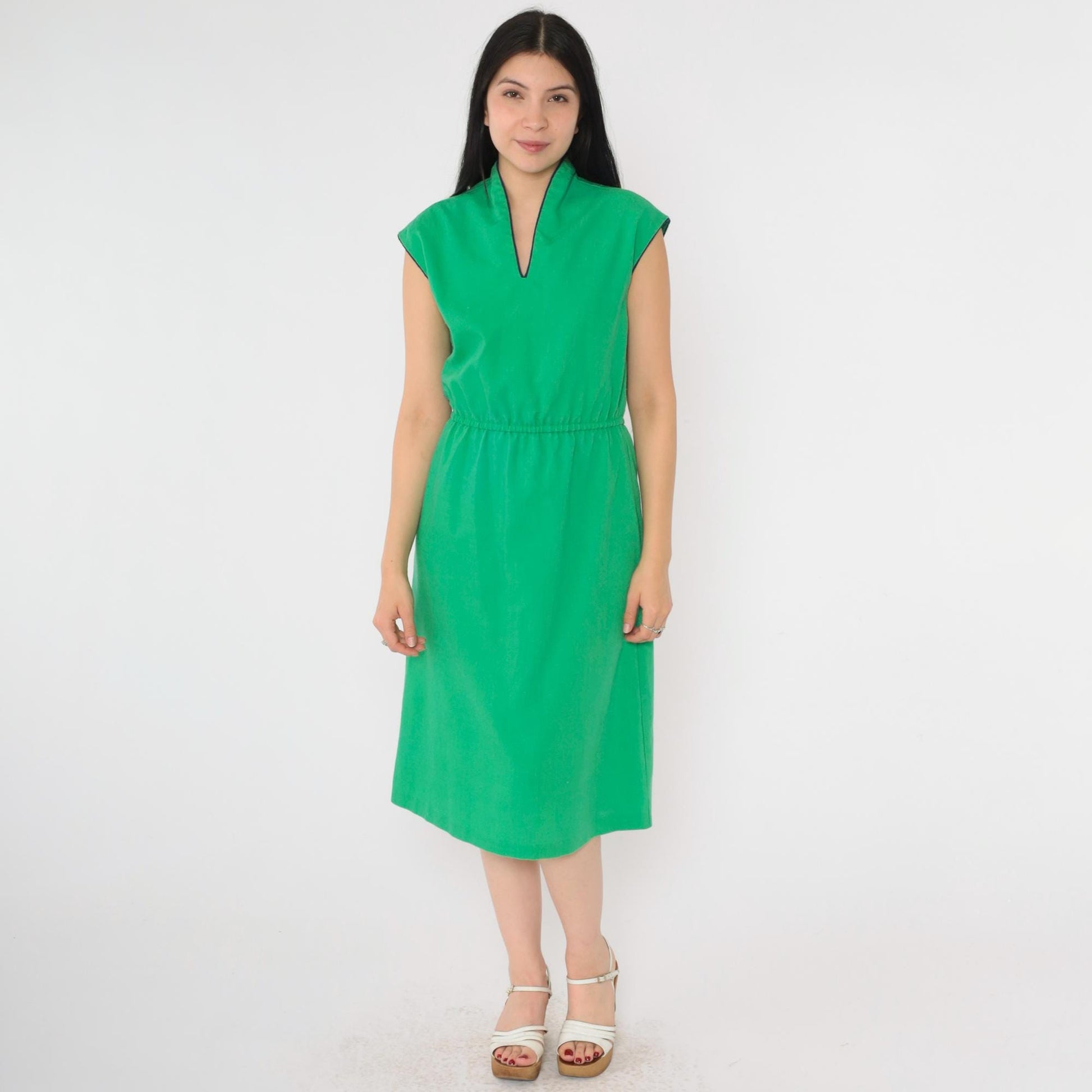 70s Green V-Neck Midi Dress Navy Trim Cap Sleeves A-Line Small