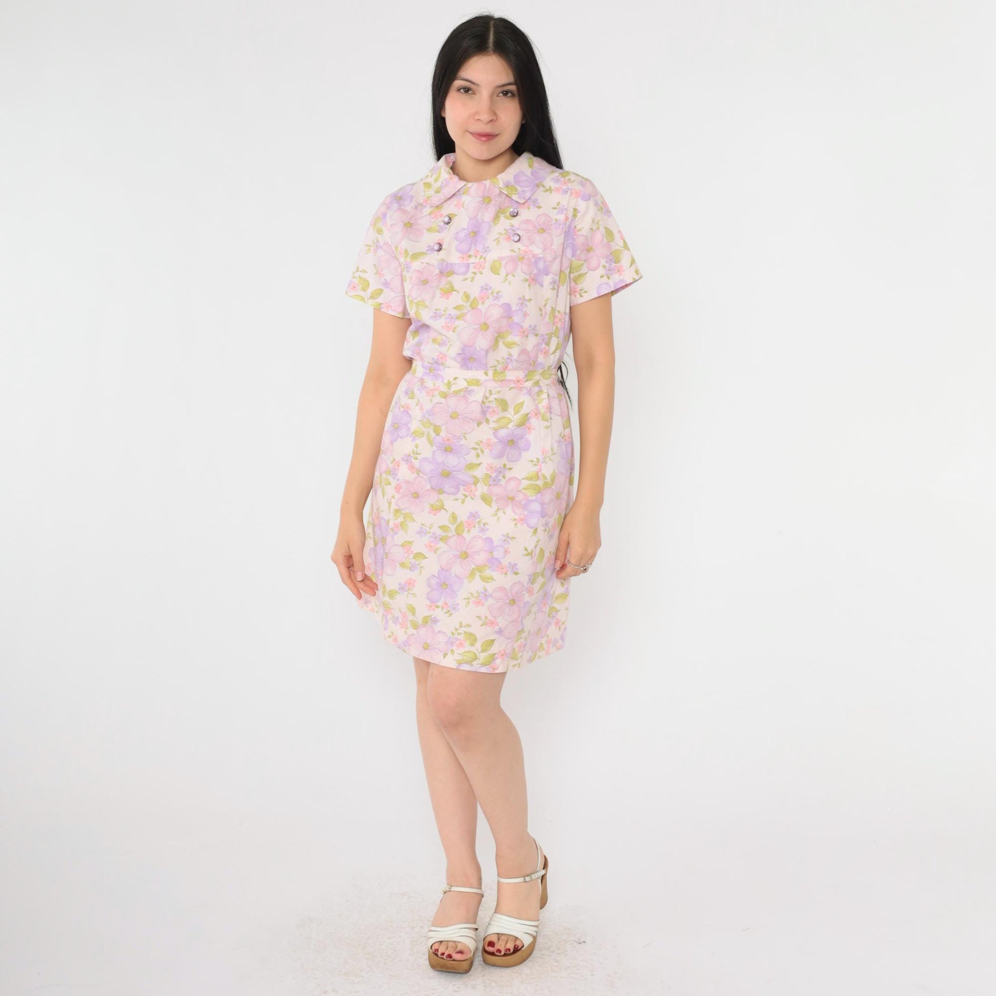 60s Floral Shift Mini Dress Pink Purple Short Sleeve Belted Medium M