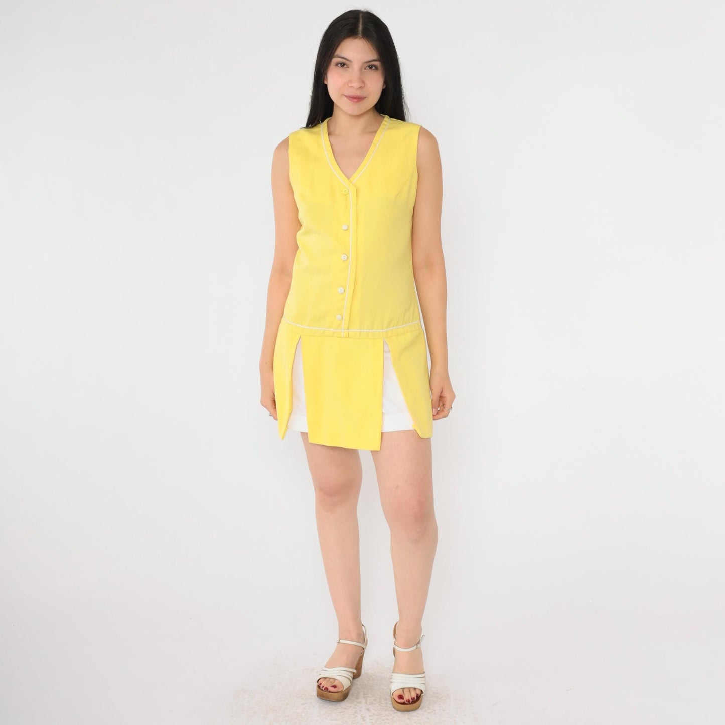 1960s Mod Yellow Mini Dress Drop Waist Button Front White Piping Small S