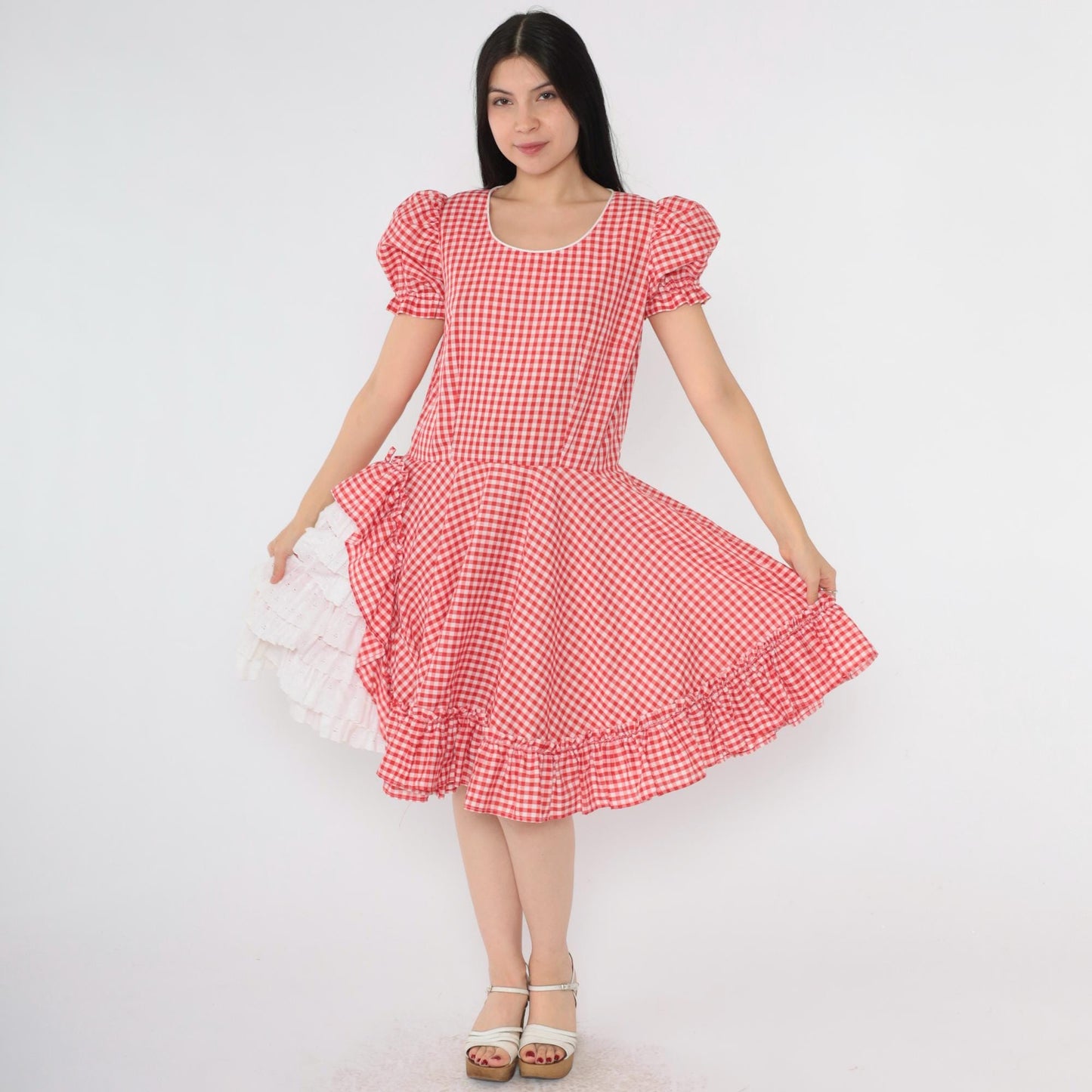 80s Red Gingham Square Dance Dress Puff Sleeve Eyelet Lace Midi Medium