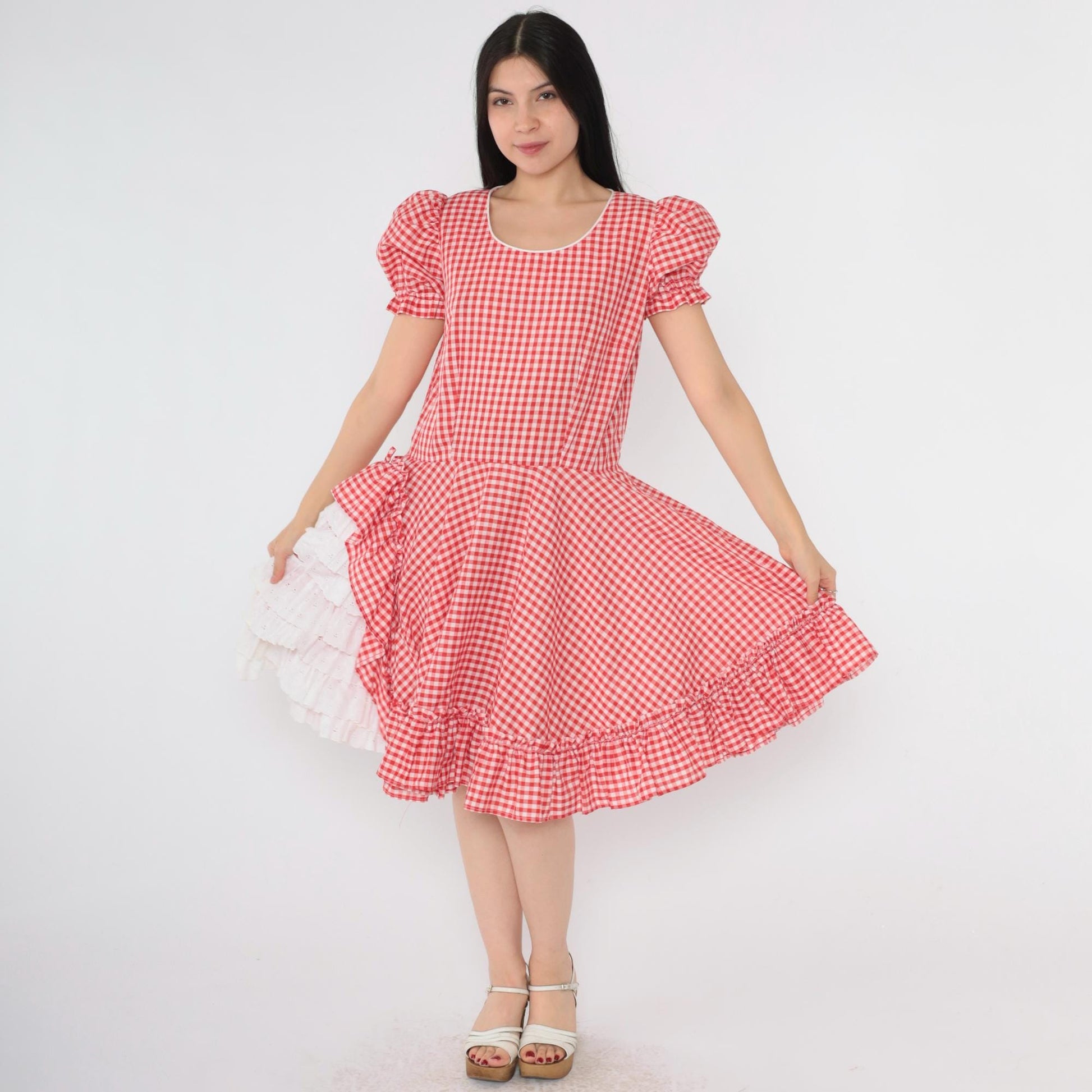 80s Red Gingham Square Dance Dress Puff Sleeve Eyelet Lace Midi Medium
