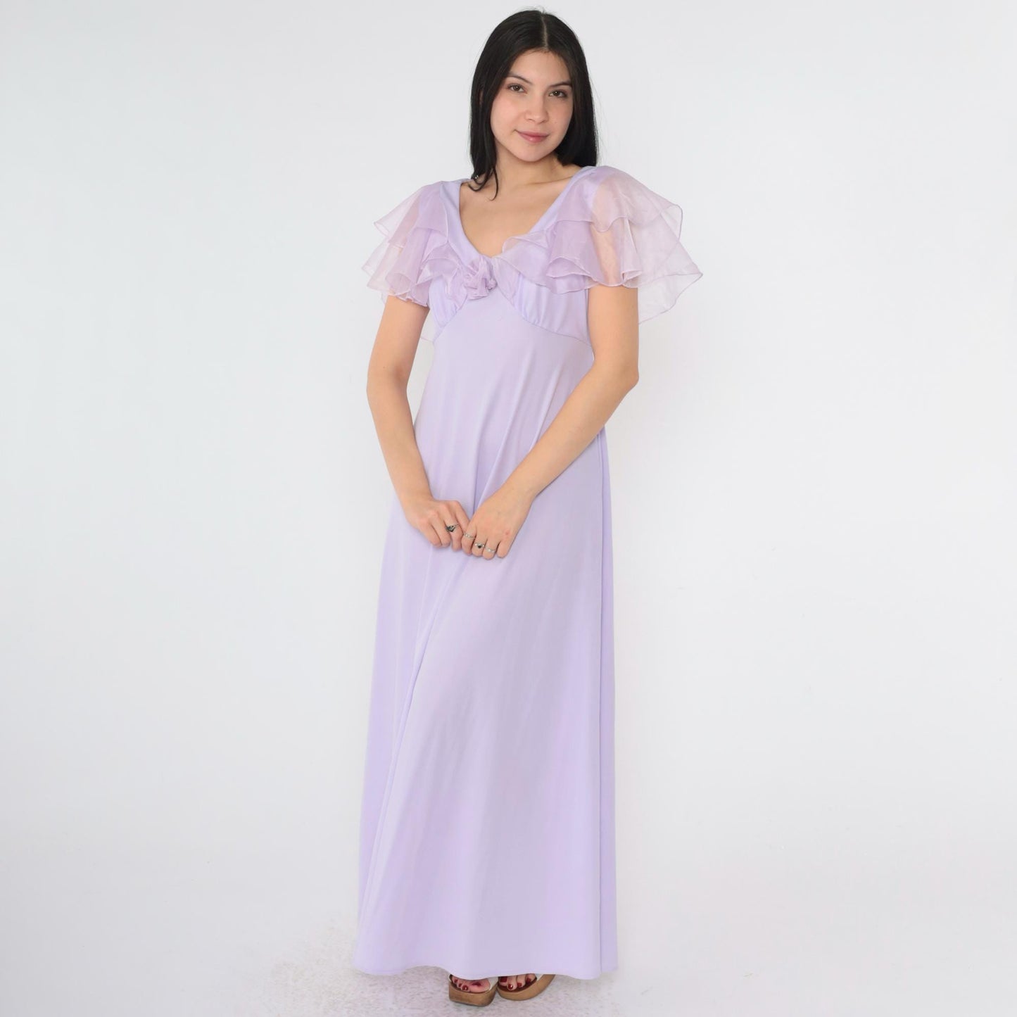 70s Lavender Organza Maxi Dress Flutter Sleeve Empire Waist Open Back Small