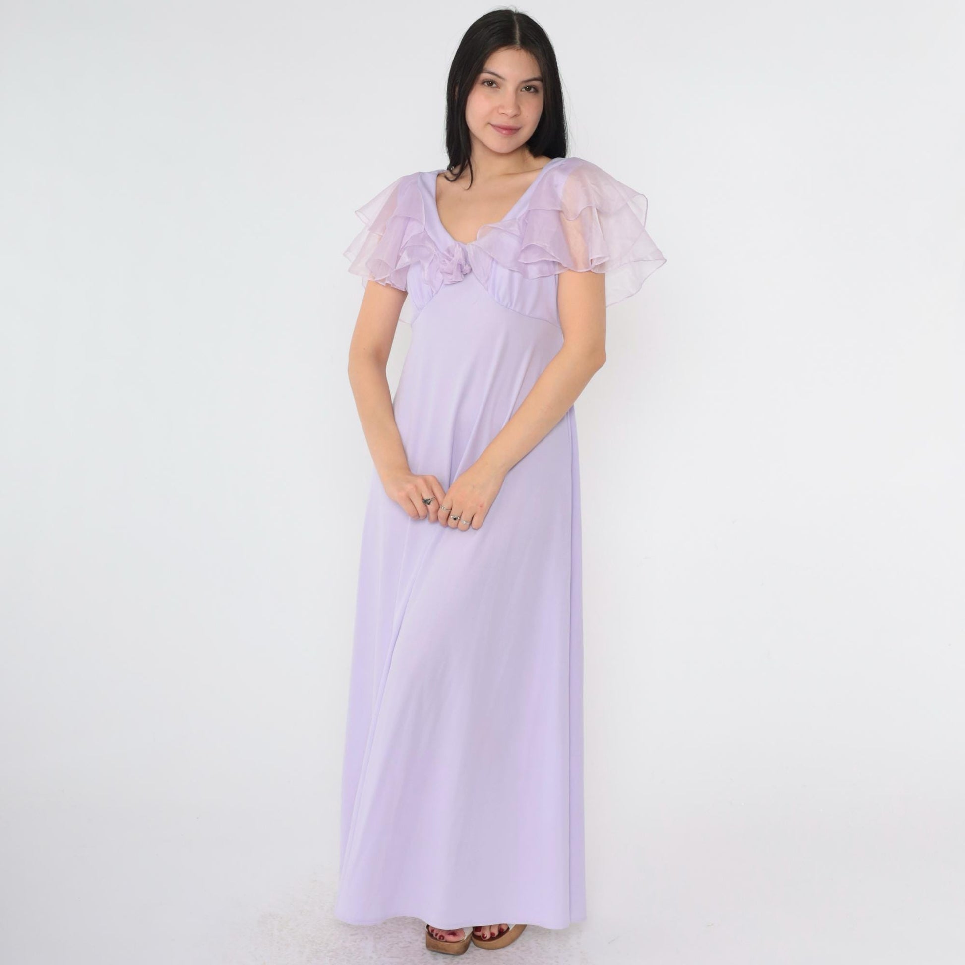 70s Lavender Organza Maxi Dress Flutter Sleeve Empire Waist Open Back Small