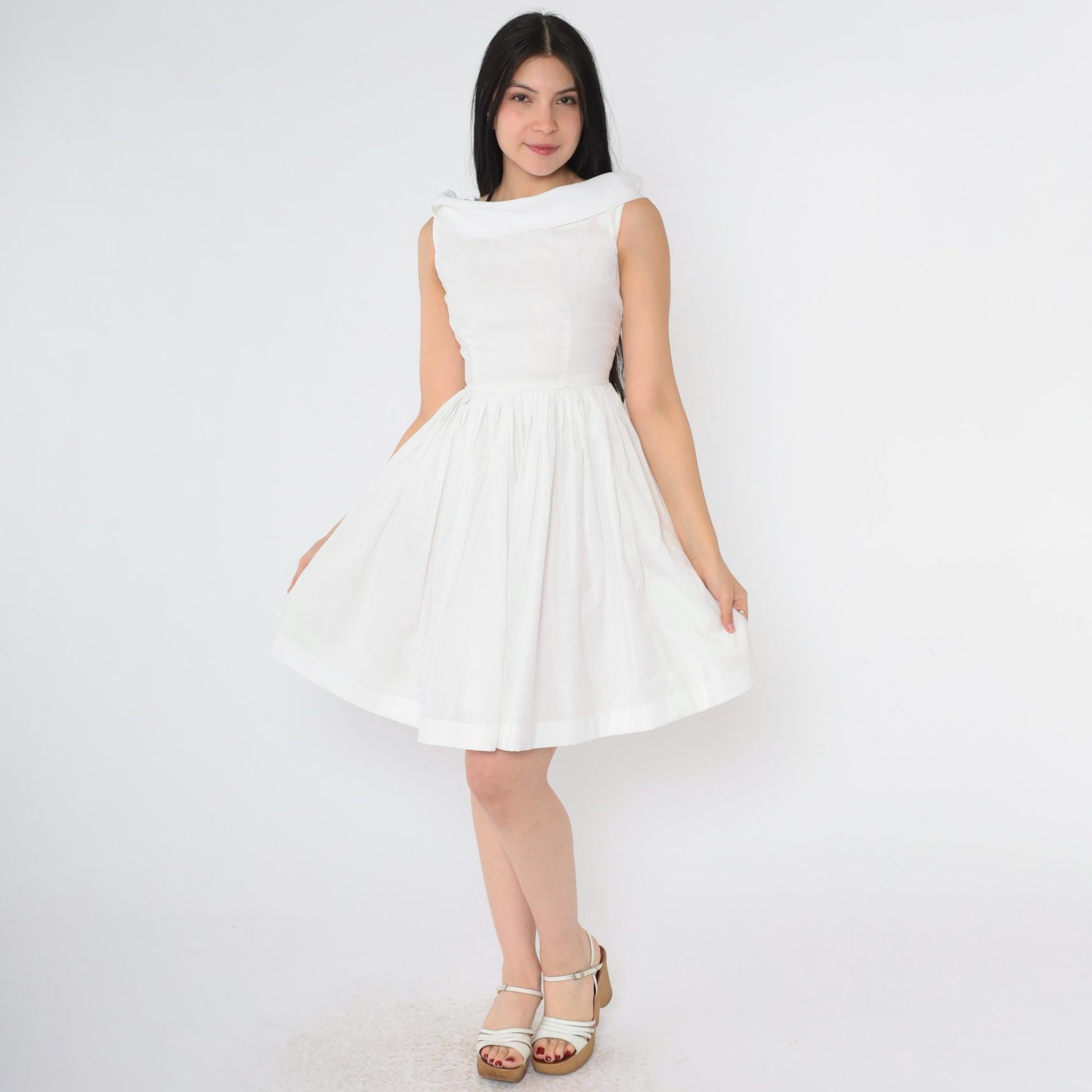 60s White Pleated Mini Dress High Waist Tie Back Skater Sleeveless Extra Small