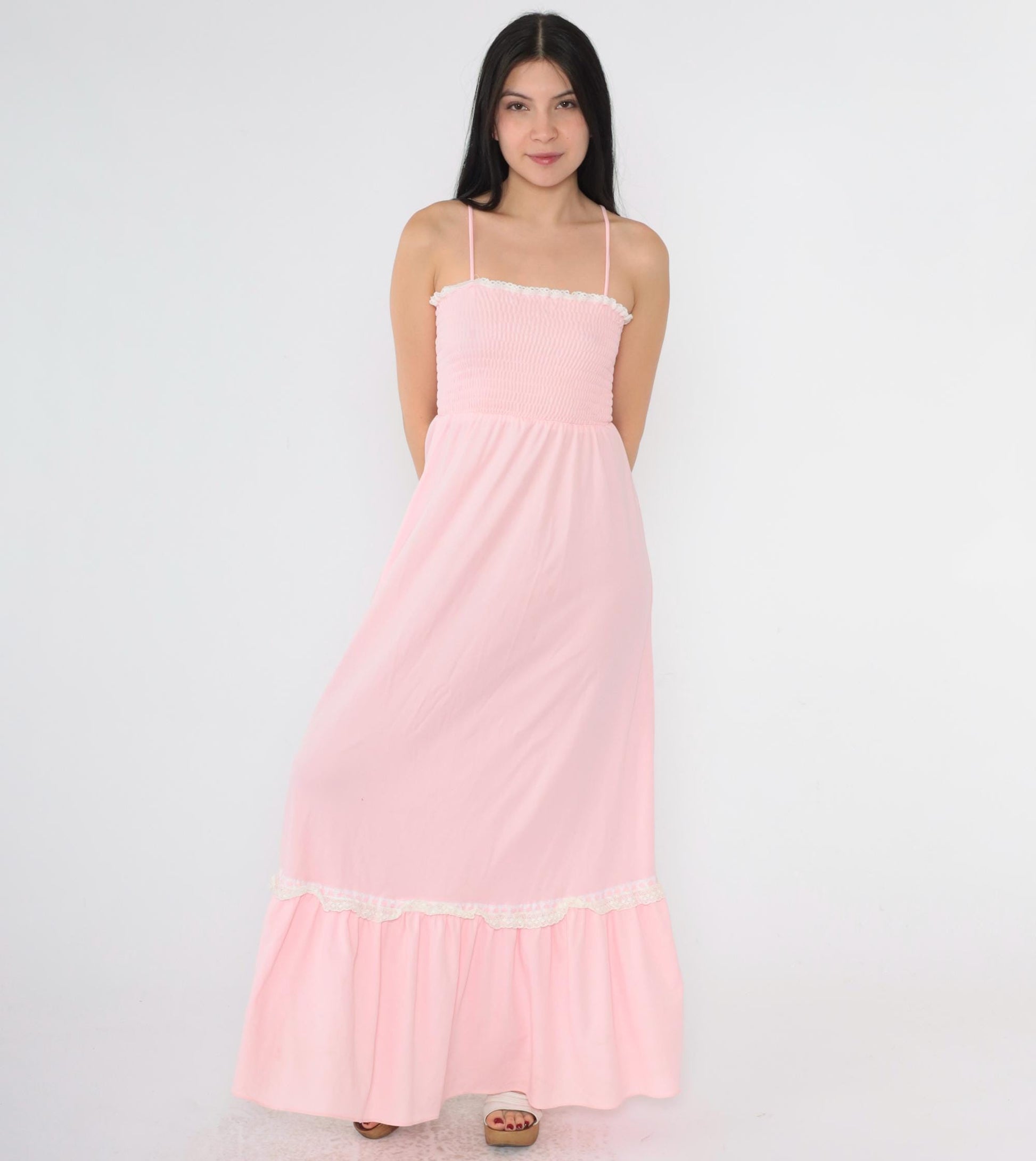 70s Baby Pink Maxi Sundress Smocked High Waist Spaghetti Strap Extra Small