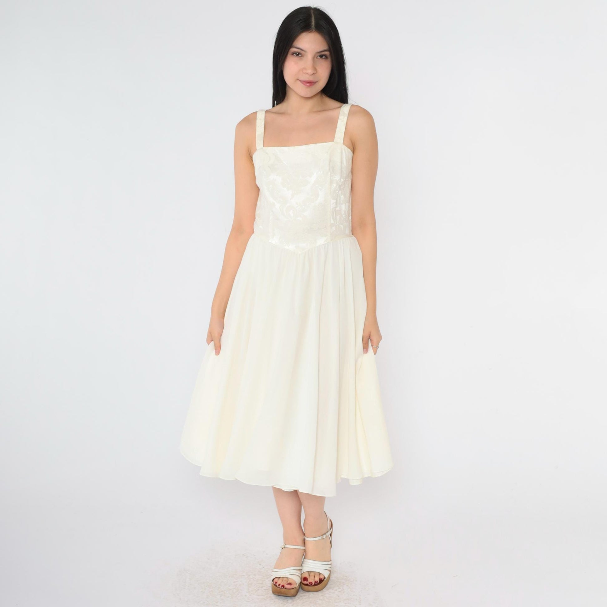 80s Ivory Jacquard Midi Dress Sleeveless Square Neck Basque Waist Small