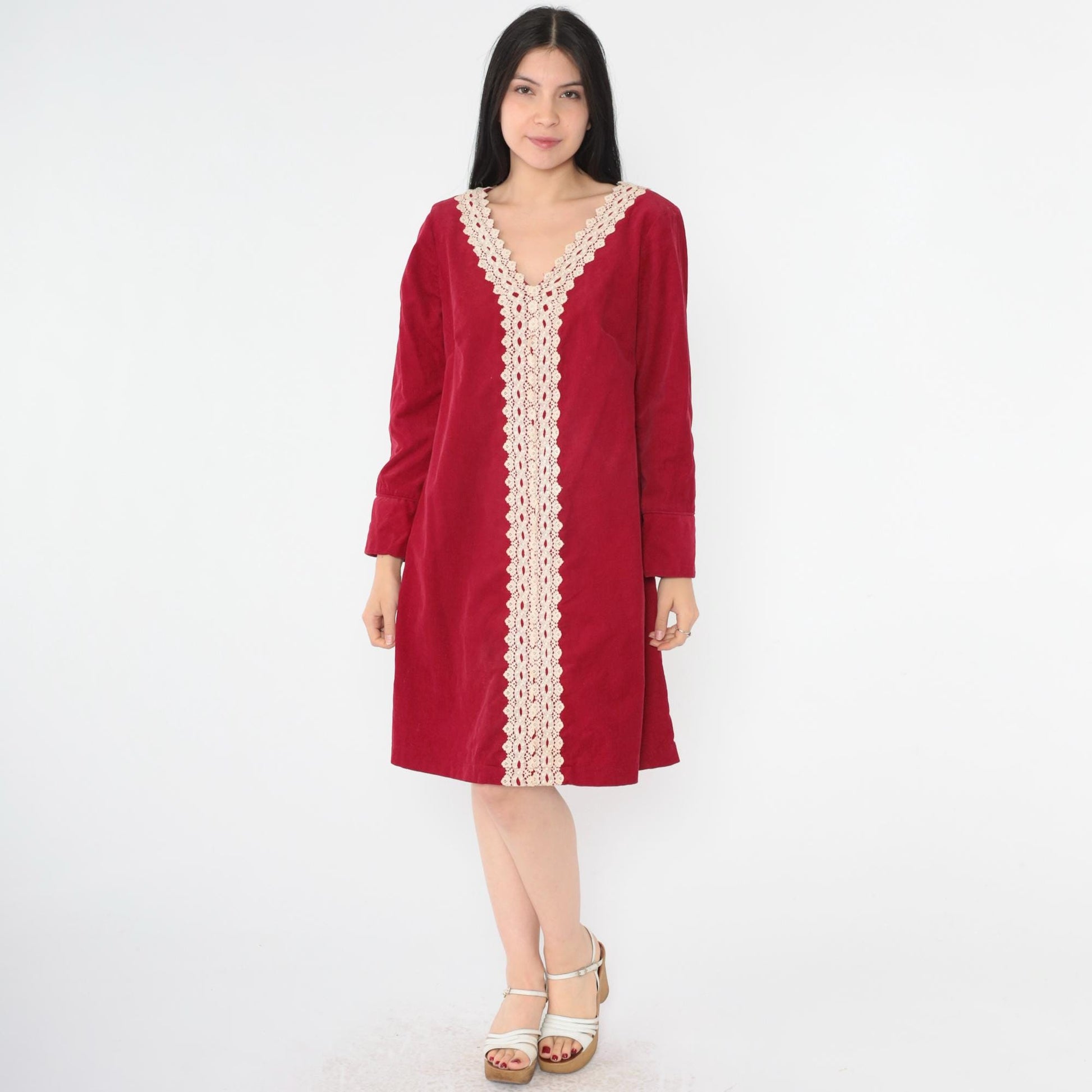 60s Carol of Mary Red Corduroy Shift Dress Cream Lace Trim V-Neck Mini Medium M