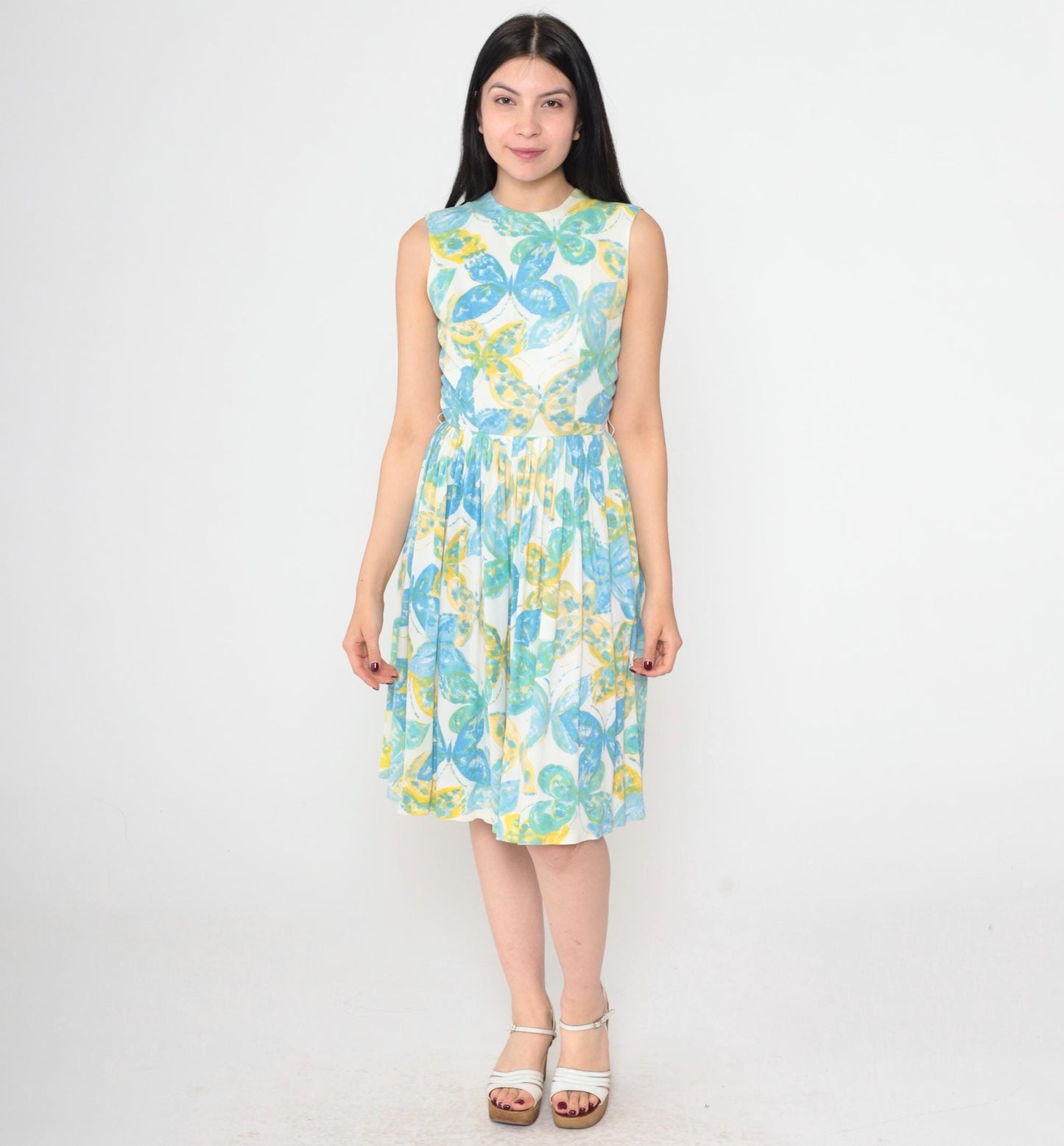 1960s Butterfly Print Mod Mini Dress White High Waist Sleeveless Extra Small