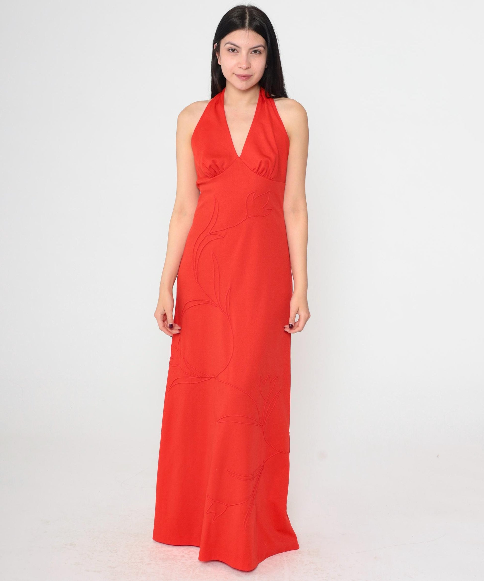 70s Red Halter Maxi Dress Deep V Neck Backless Empire Waist Small