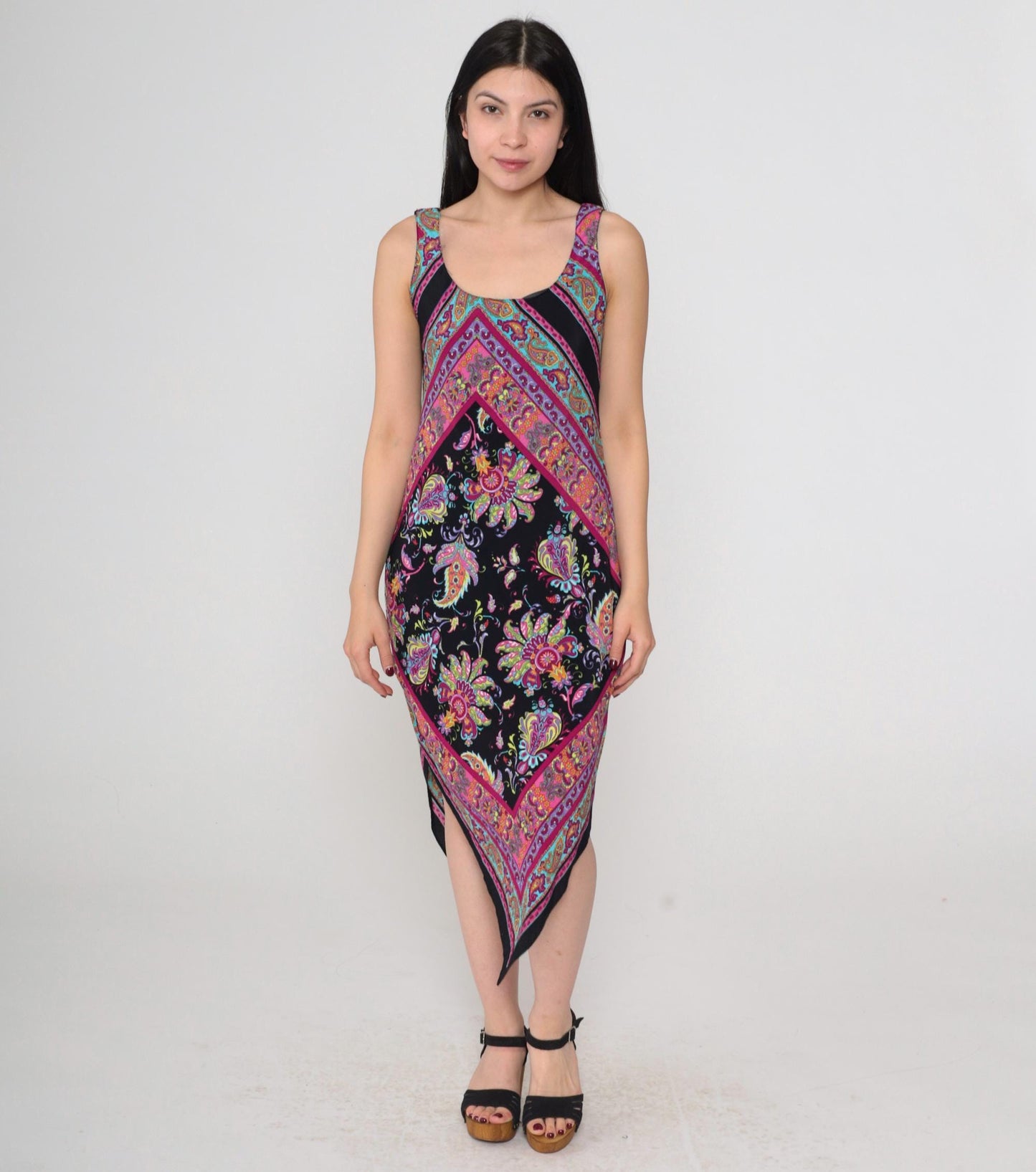 90s Ronni Nicole Black Paisley Floral Midi Dress Handkerchief Hem Small Petite